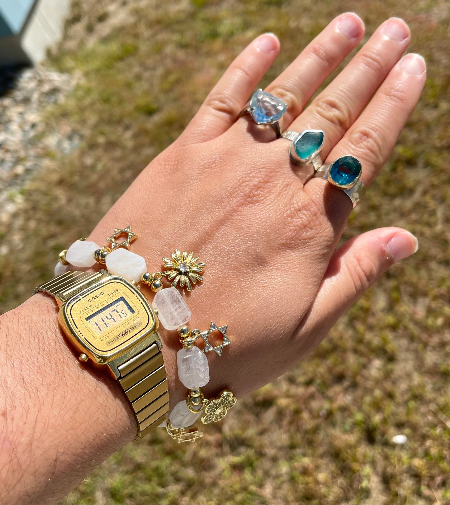 Moonstone Gemstones Gold Plated Magen David Stars and Flowers Adjustable Beaded Bracelet