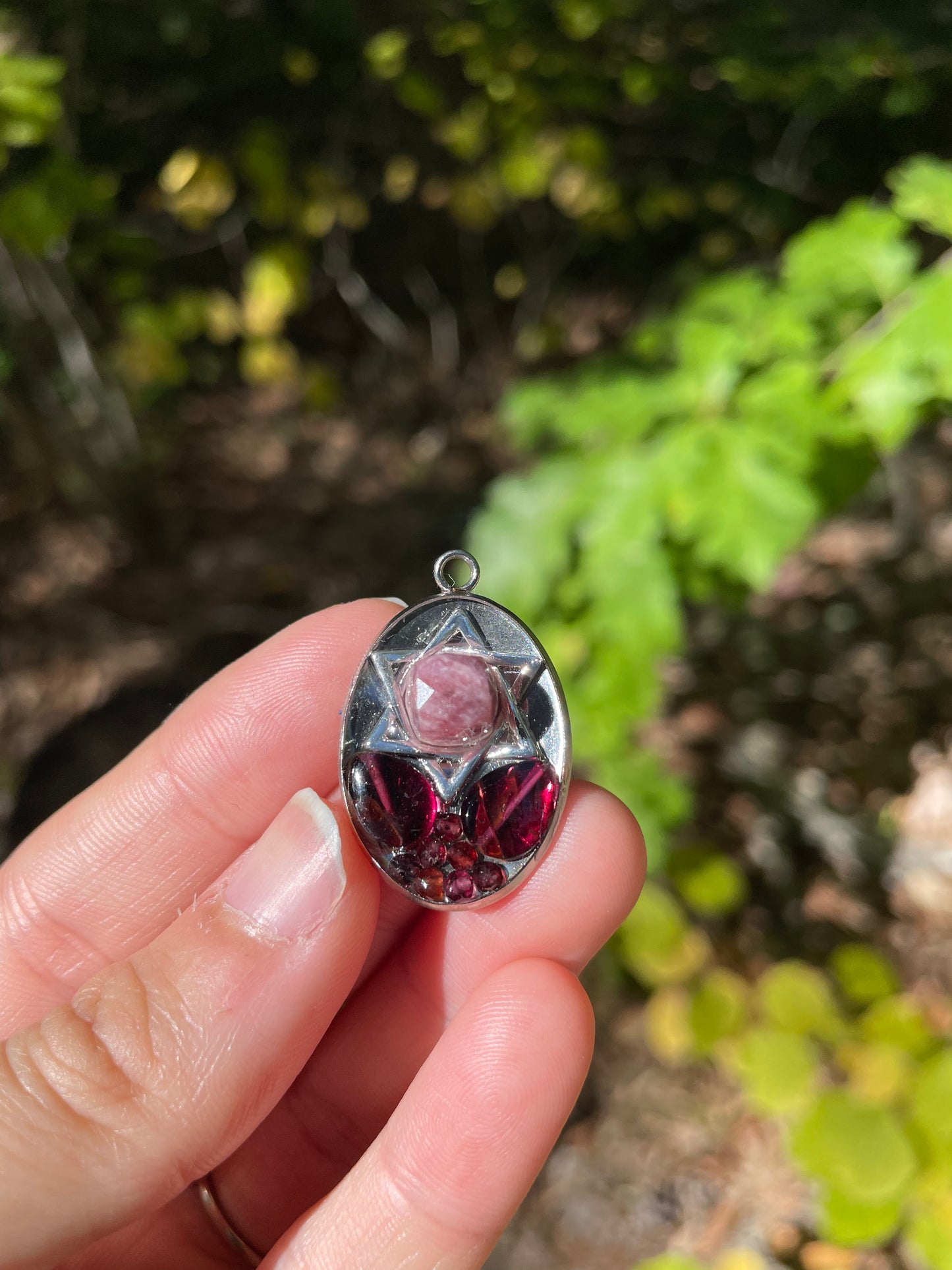 Garnet Gemstones Magen David Resin Silver Stainless Resin Pendant