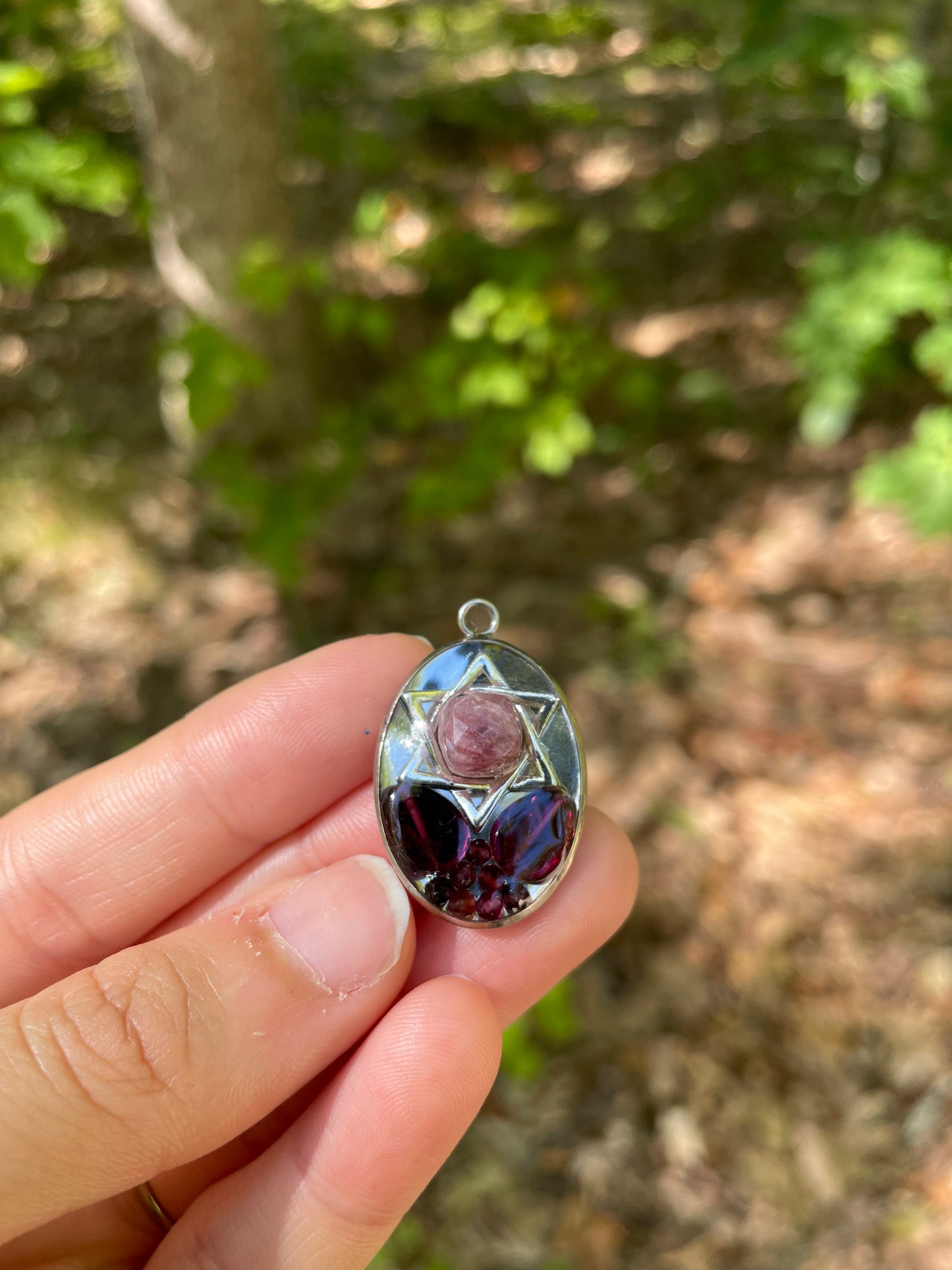 Garnet Gemstones Magen David Resin Silver Stainless Resin Pendant