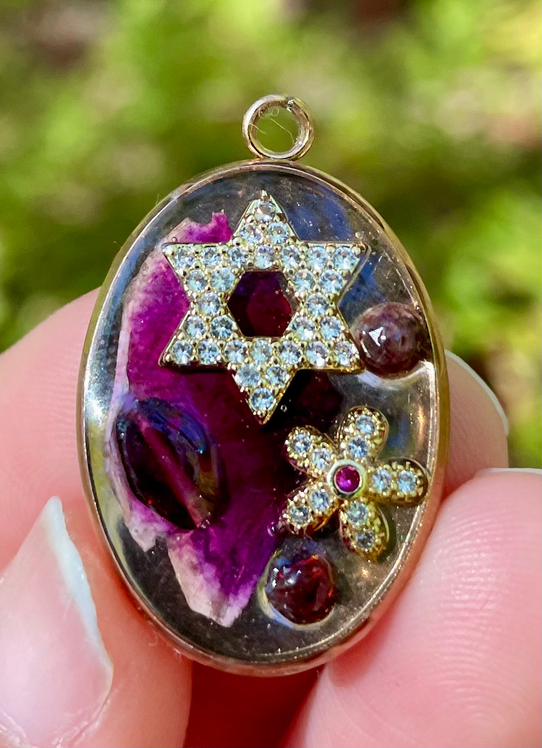 Dorit: Israeli Pink Flower Leaf, Garnet Gemstones, Zirconia Magen David Resin Rose Golden Pendant