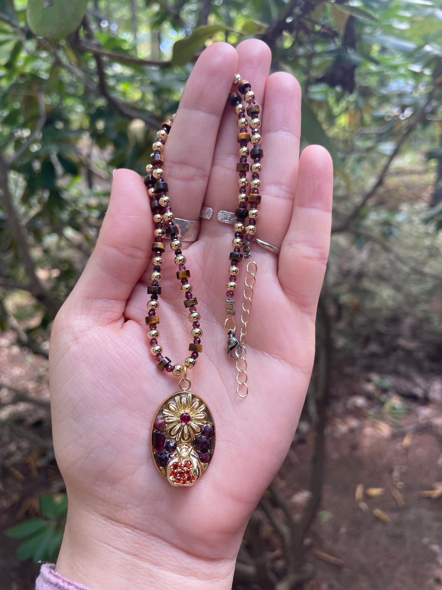 Garnet Tiger's Eye Pomegranate Beaded Necklace and Resin Pendant