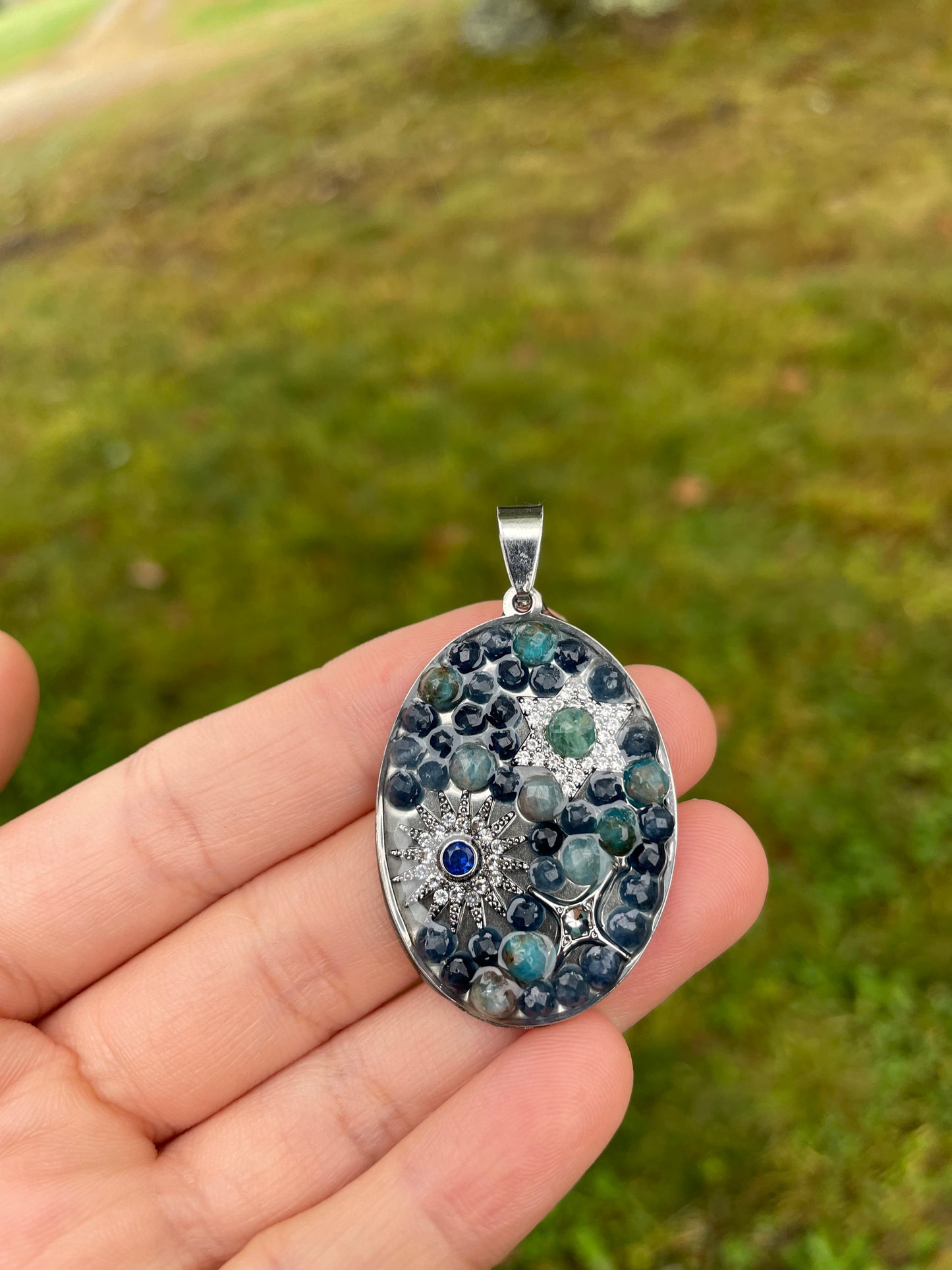 Kyanite gemstones, Blue Sun and Zirconia Magen David Stainless Pendant