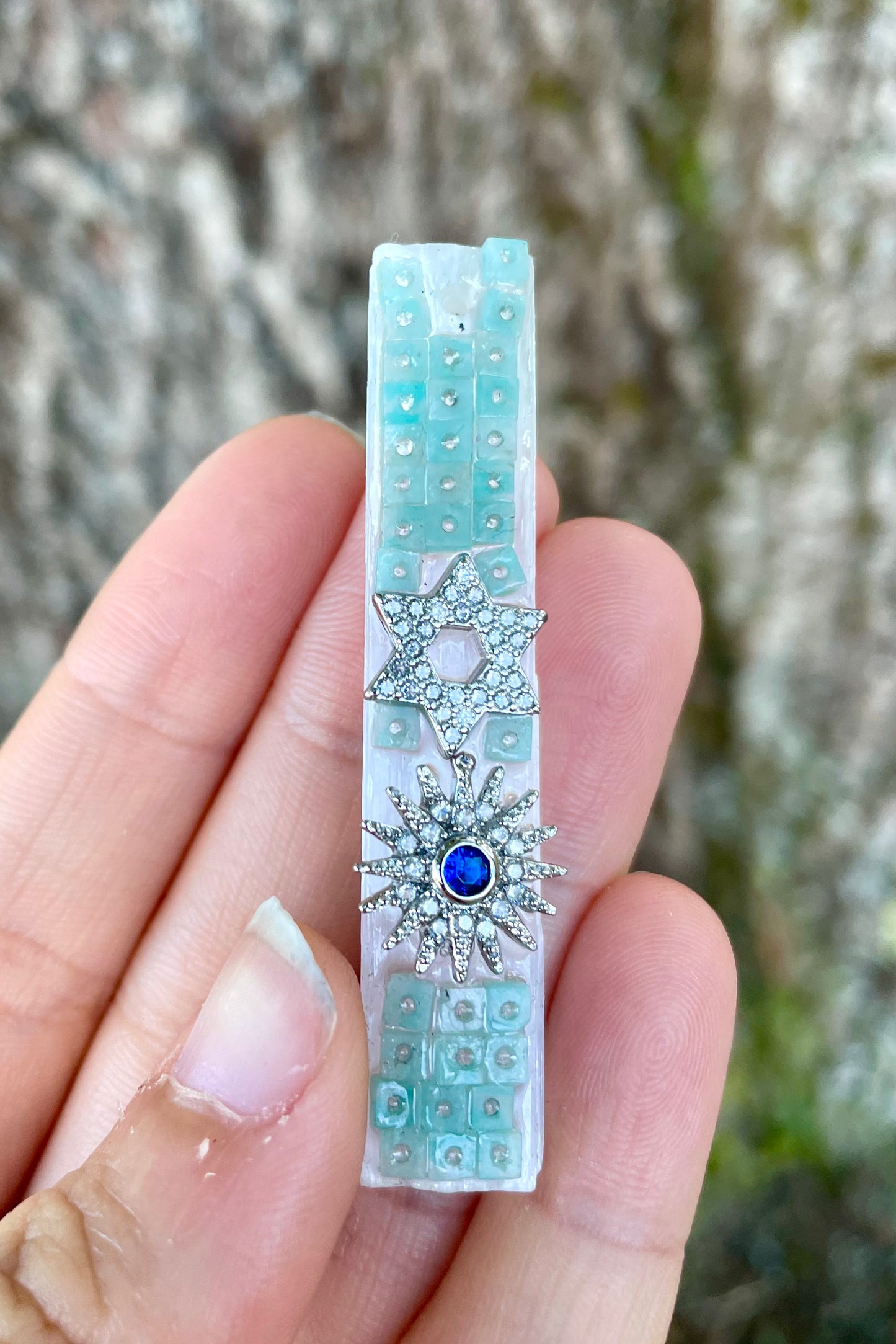 Selenite White Crystal Pillar, Zirconia Magen David, Amazonite Gemstones and Blue Sun