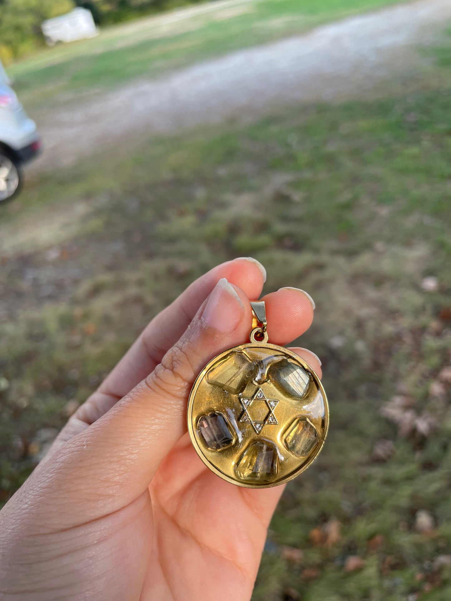 Kdosha: Labradorite, Green Amethyst Quartz and Fluorite Crystals, Round Gold Plated Zirconia Magen David Resin Pendant
