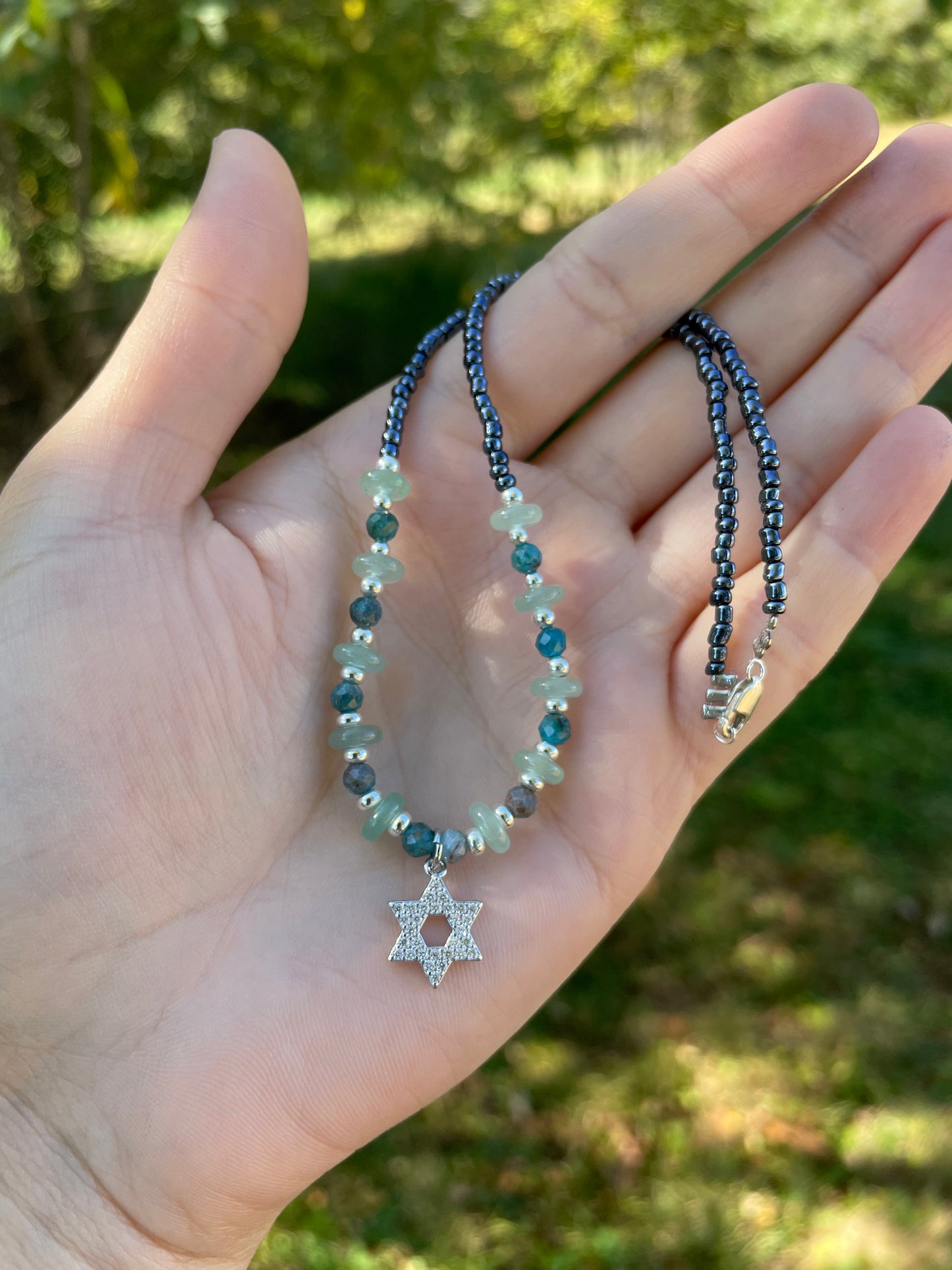 Zirconia Magen David, Blue Apatite and Green Aventurine Beaded Dark Blue Glass Beaded Necklace