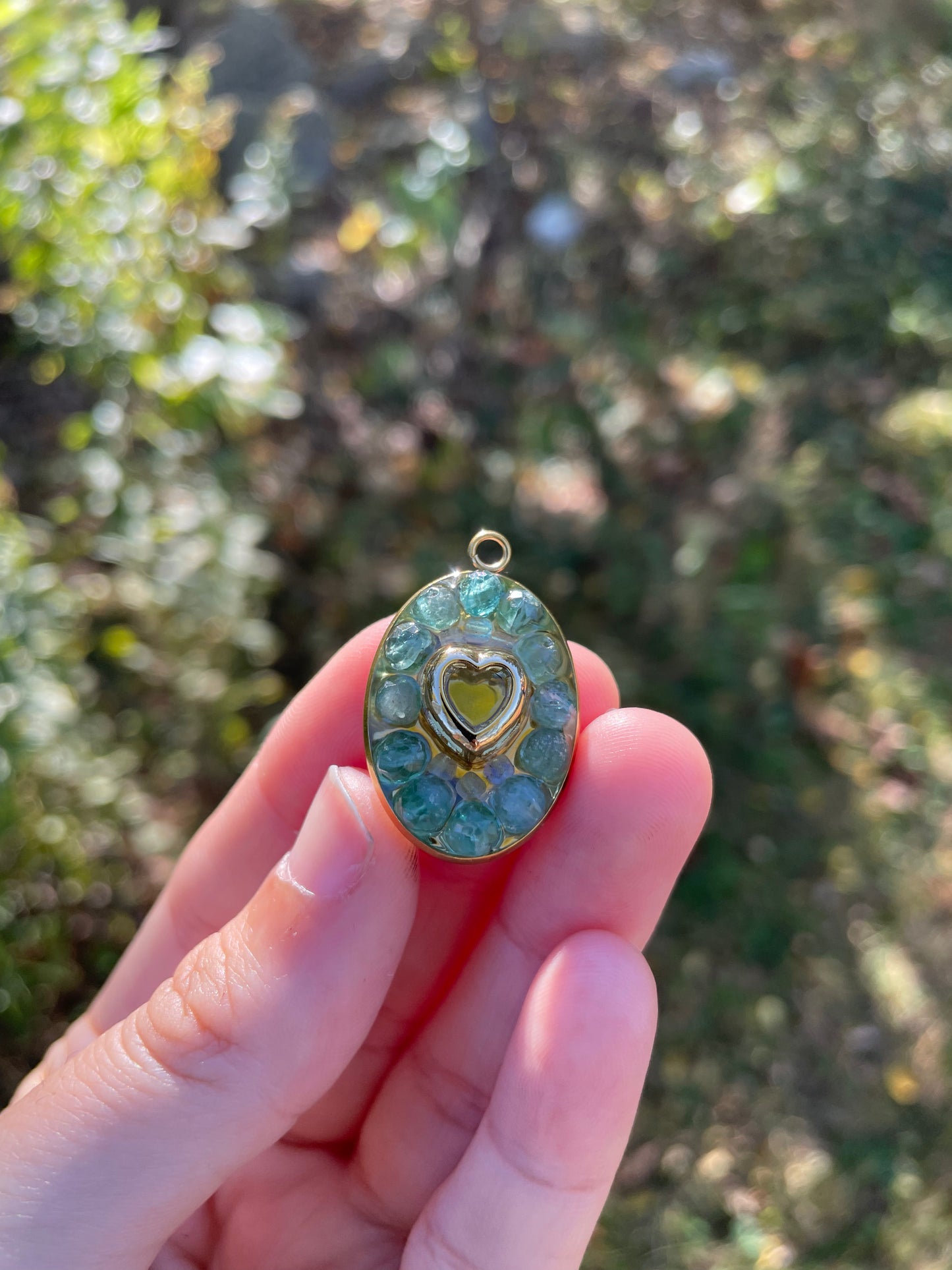 Zirconia Blue Heart and Kyanite Green - Blue Gemstones Gold Plated Resin Pendant