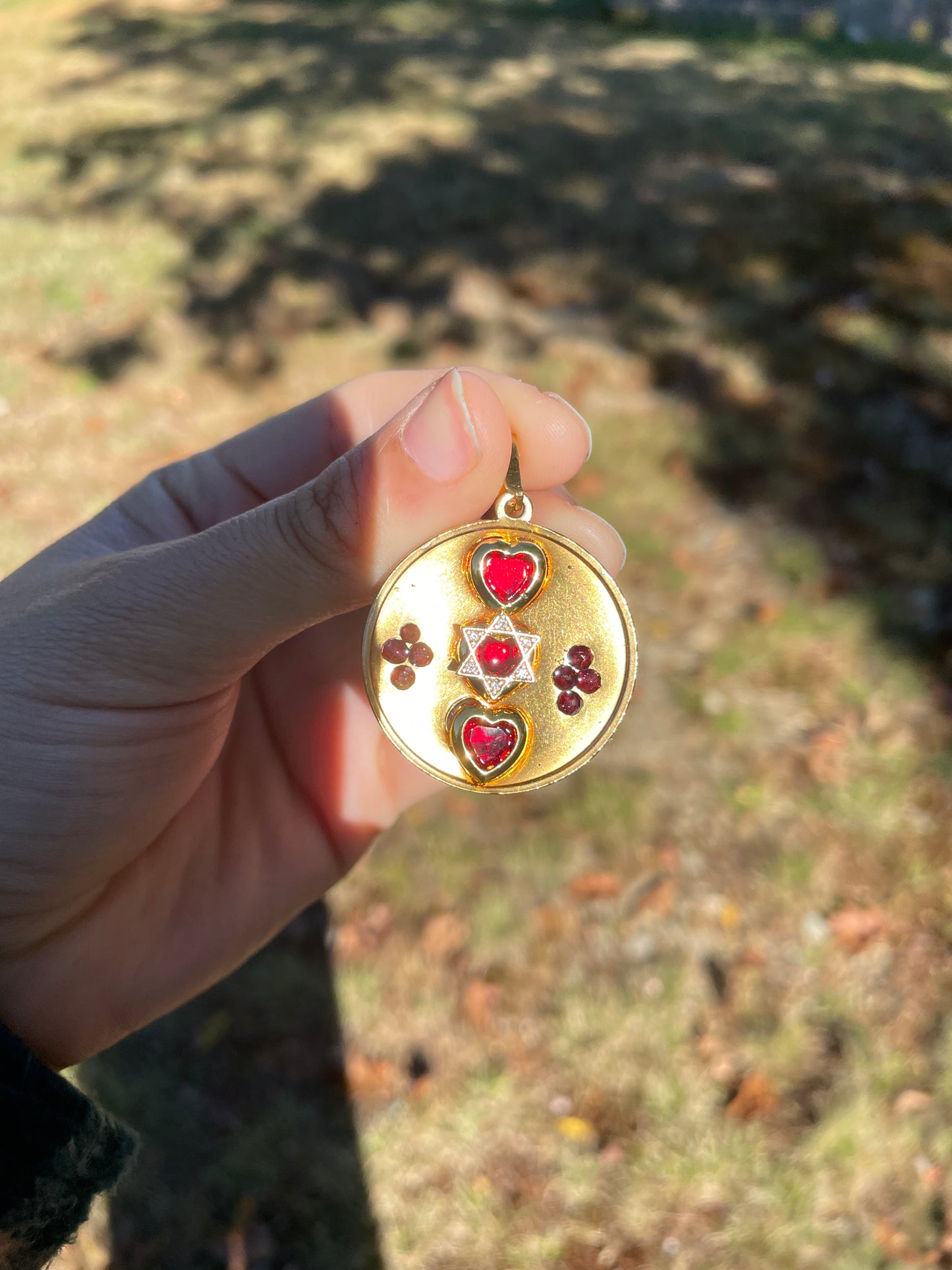 Triple Red Heart and Garnet Gemstones Magen David Round Pendant in Resin and Zirocnia
