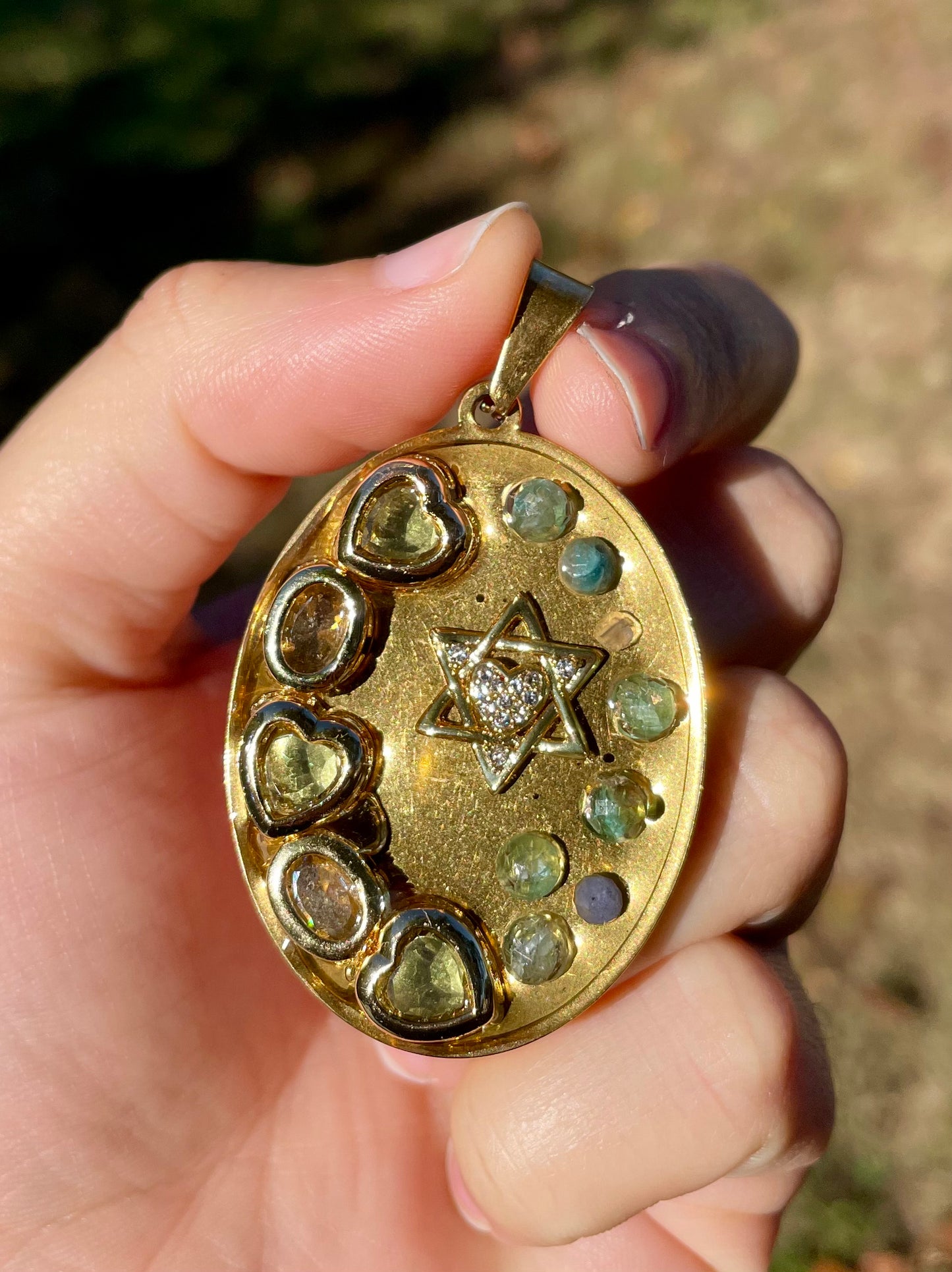 Zirconia Hearts and Magen David with Apatite Gemstones Resin Gold Plated Pendant