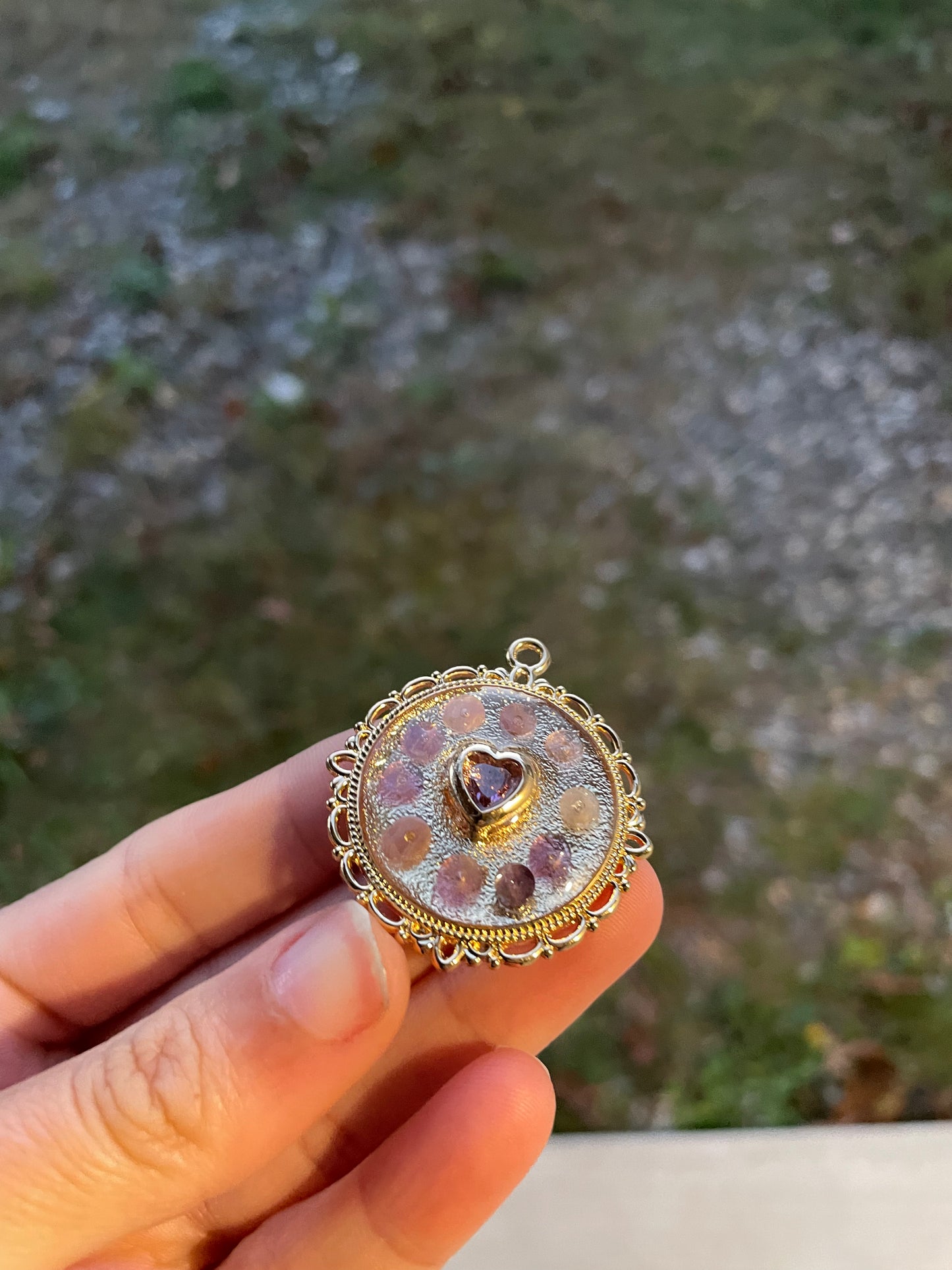 Zirconia Purple Heart and Amethyst Purple Gemstones in Gold Plated Decorated Pendant