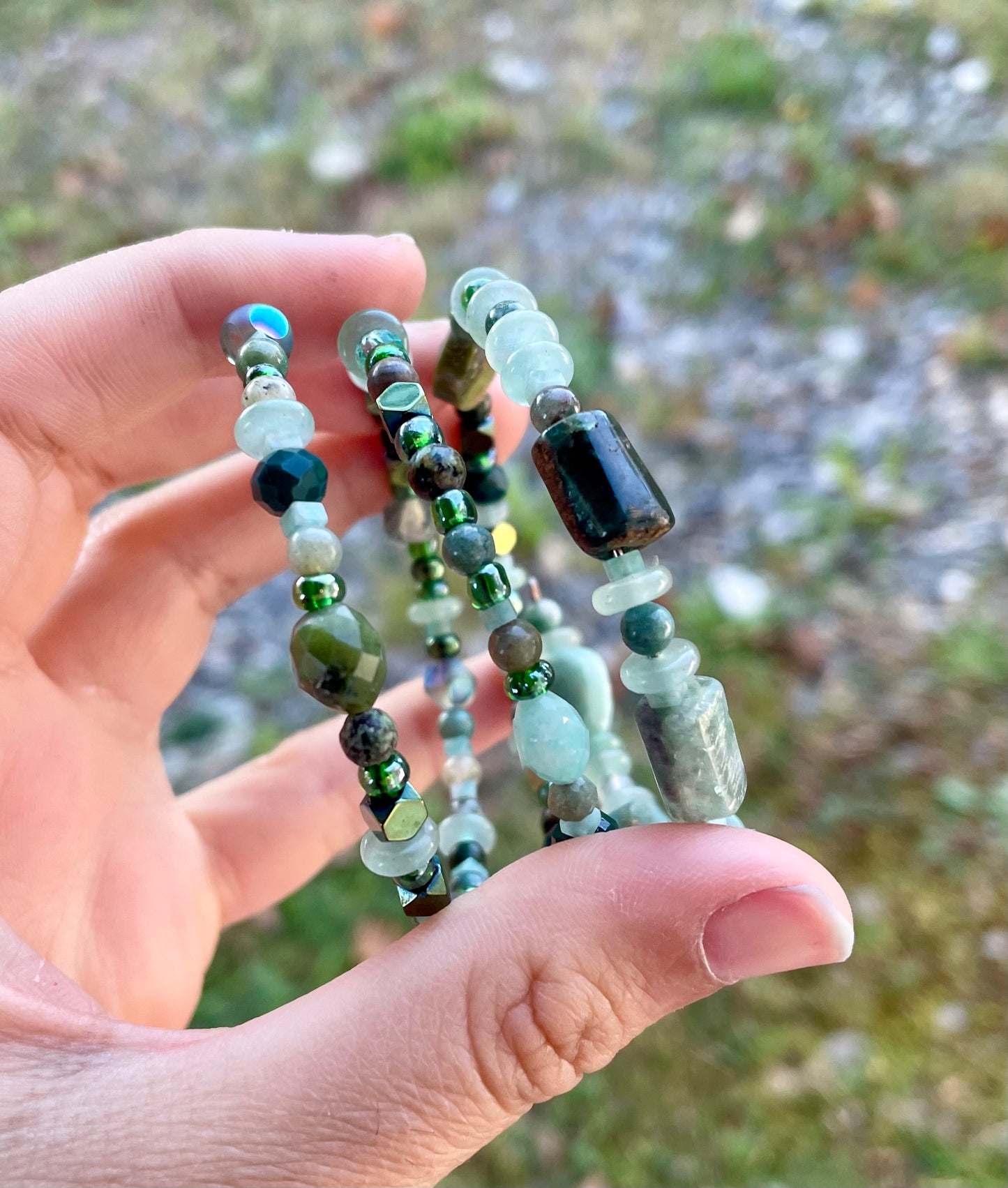 Green Gemstones and glass Stretchy Layered Bracelet