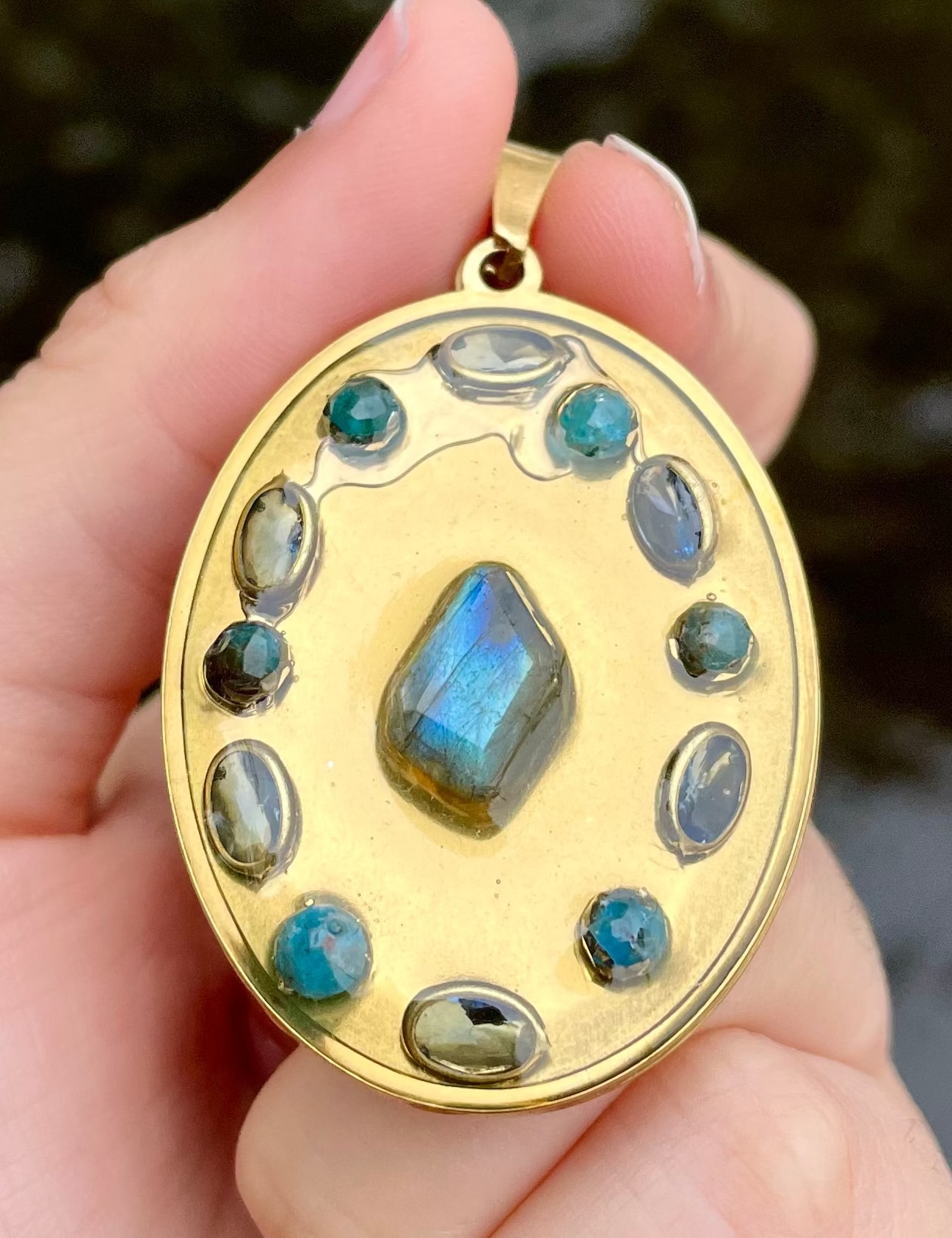 Dark Magic: Large Labradorite & Apatite Gemstones Pendant