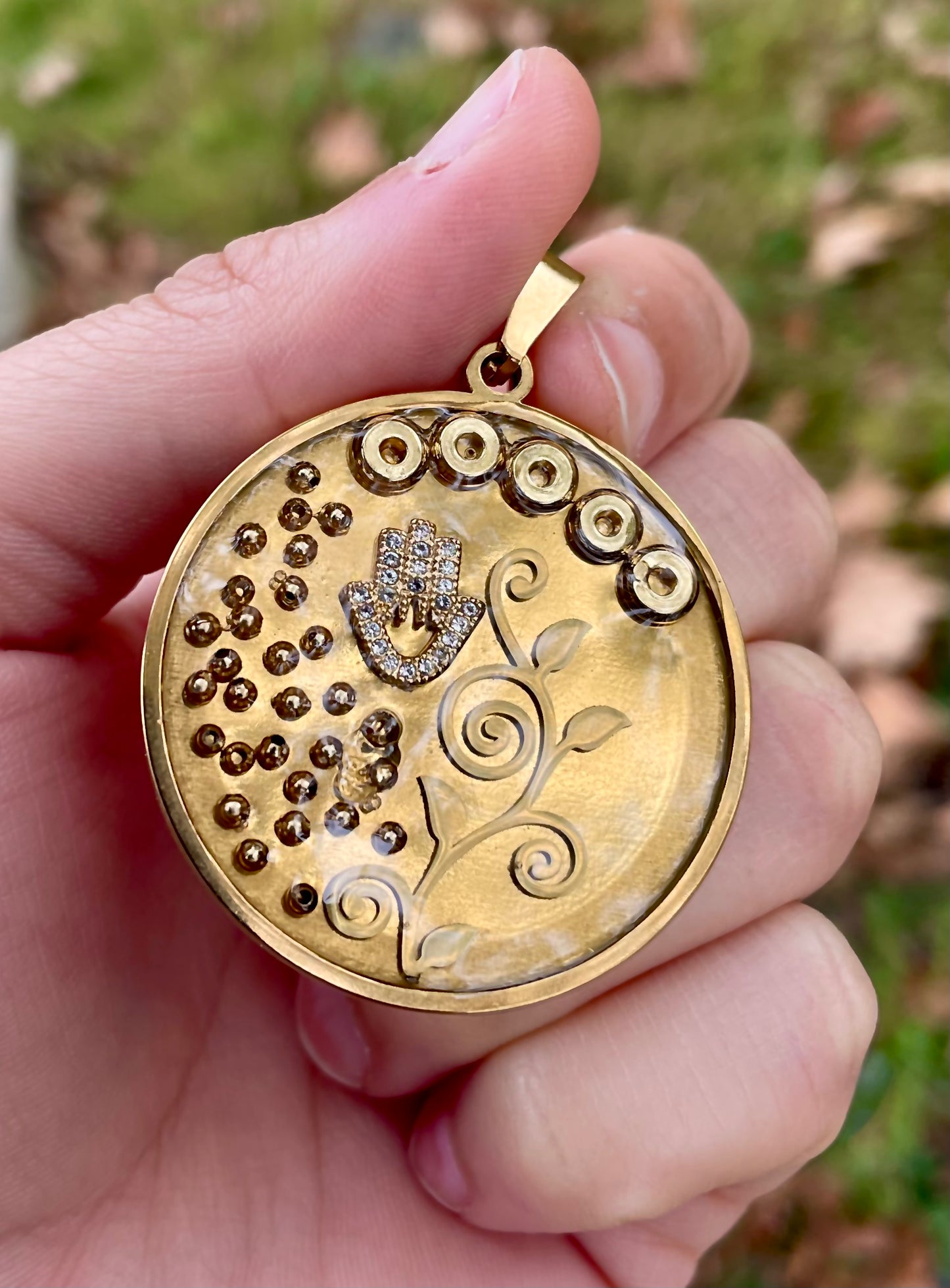 Gold Plated Round Hamsa Pendant with Gold Spiral Leaf and Beads