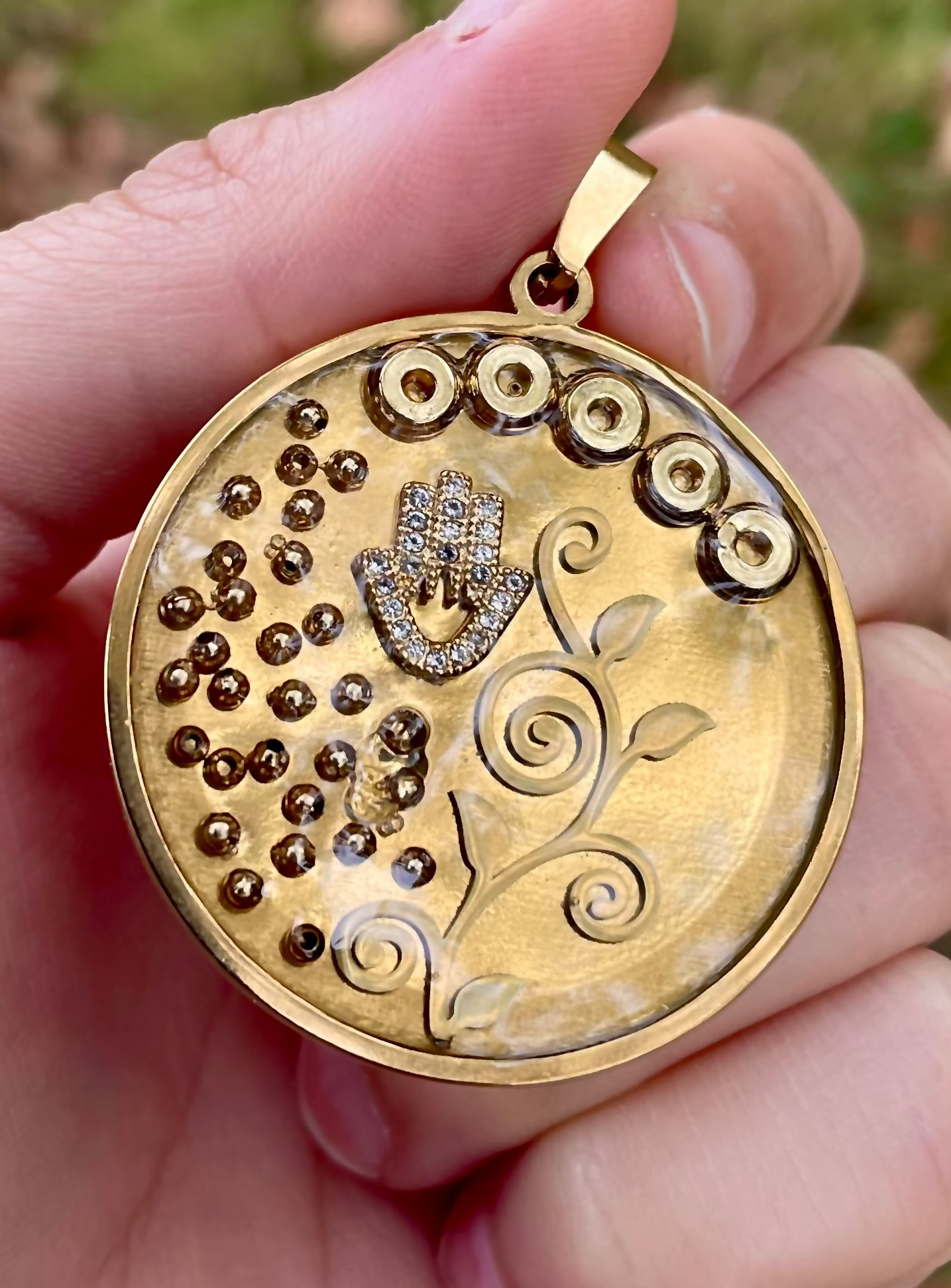 Gold Plated Round Hamsa Pendant with Gold Spiral Leaf and Beads