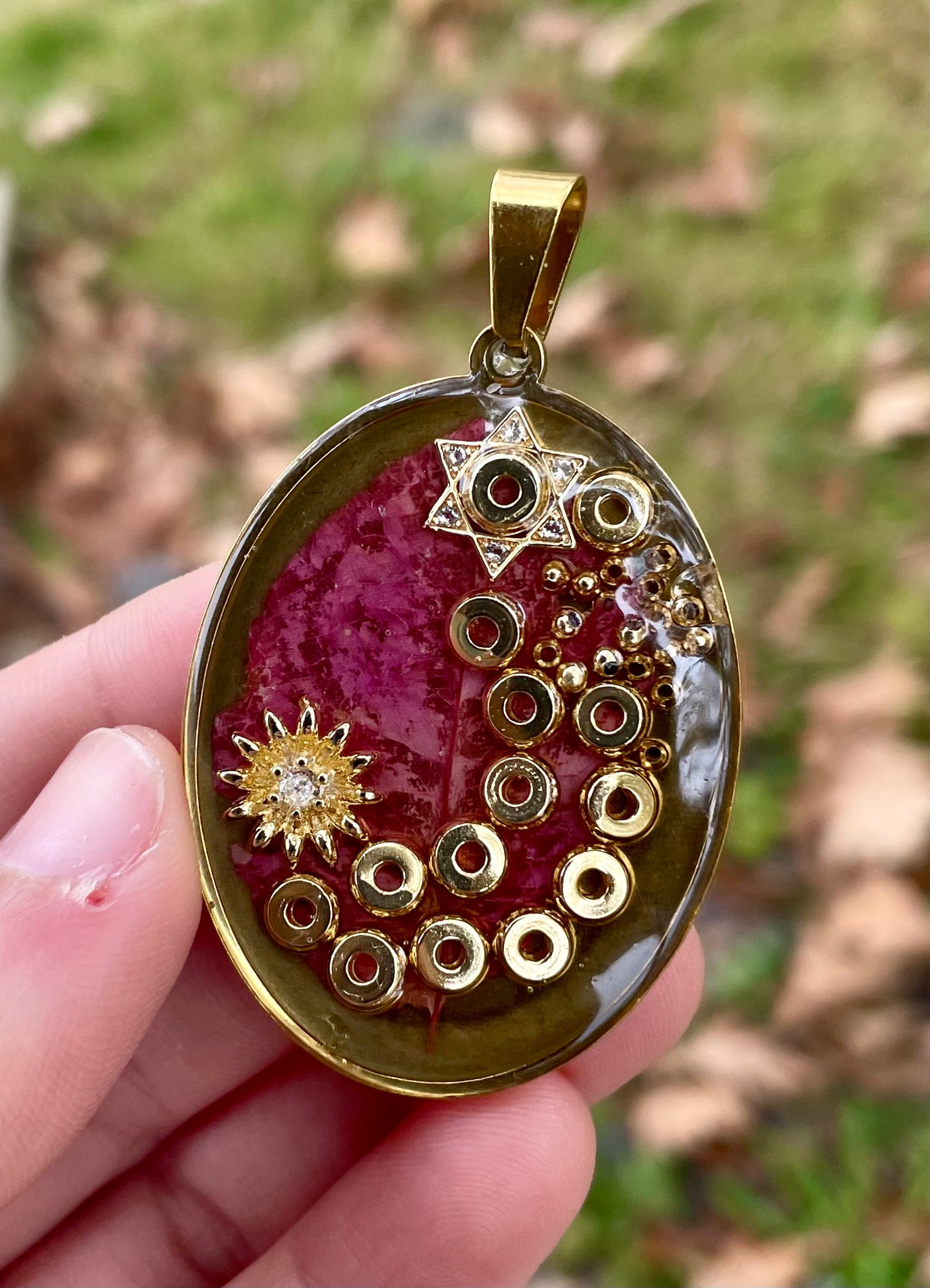 Daisy: Pink Israeli Flower Gold Plated Magen David, Daisy Flower Charm Asymmetrical Resin Pendant