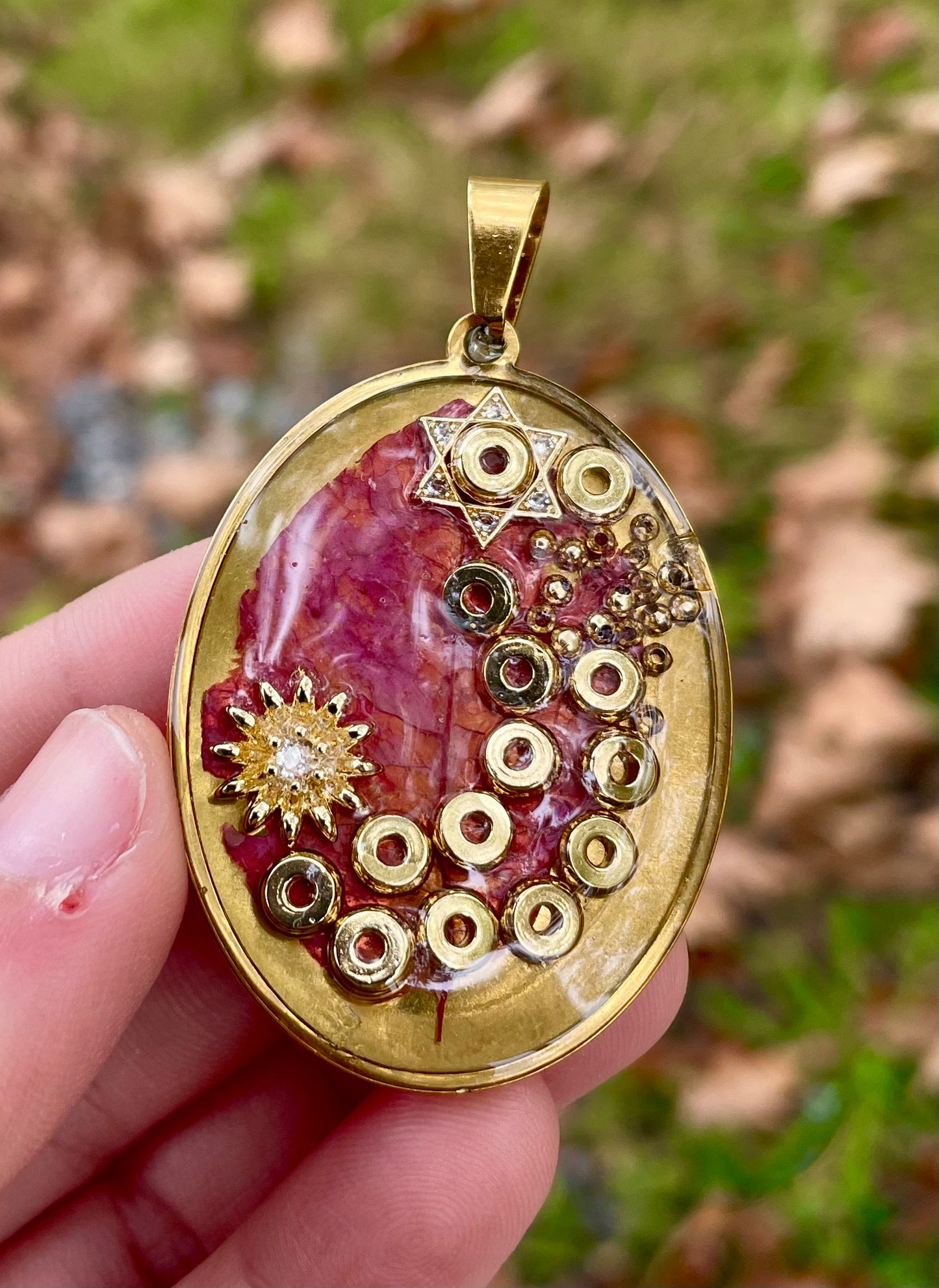 Daisy: Pink Israeli Flower Gold Plated Magen David, Daisy Flower Charm Asymmetrical Resin Pendant