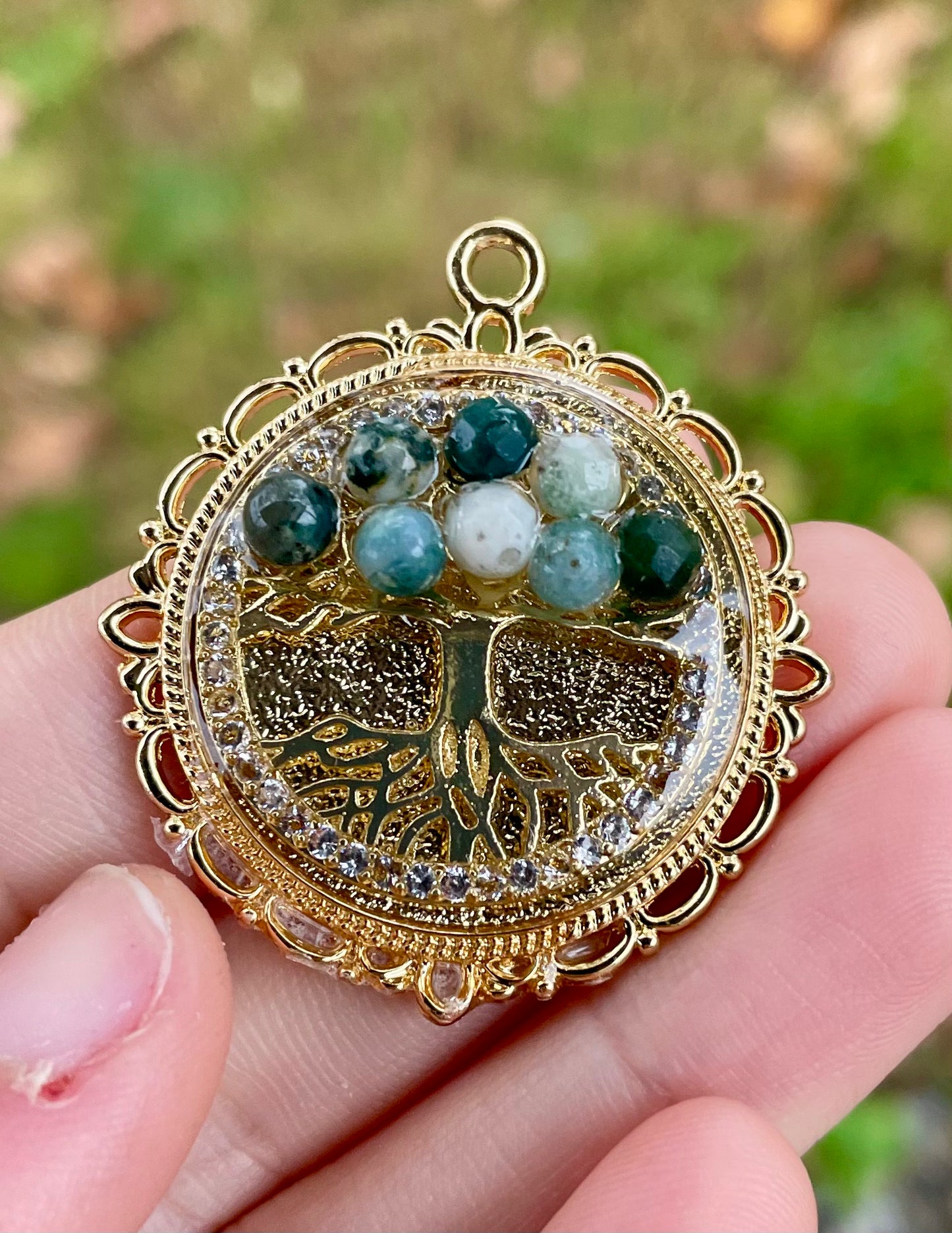 Gold Plated Tree of Life Pendant with Green and White Agate Gemstones