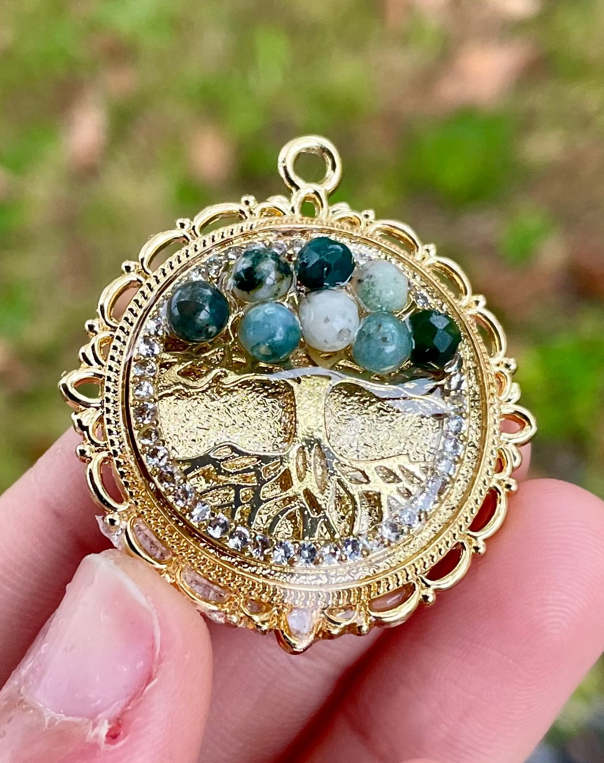 Gold Plated Tree of Life Pendant with Green and White Agate Gemstones