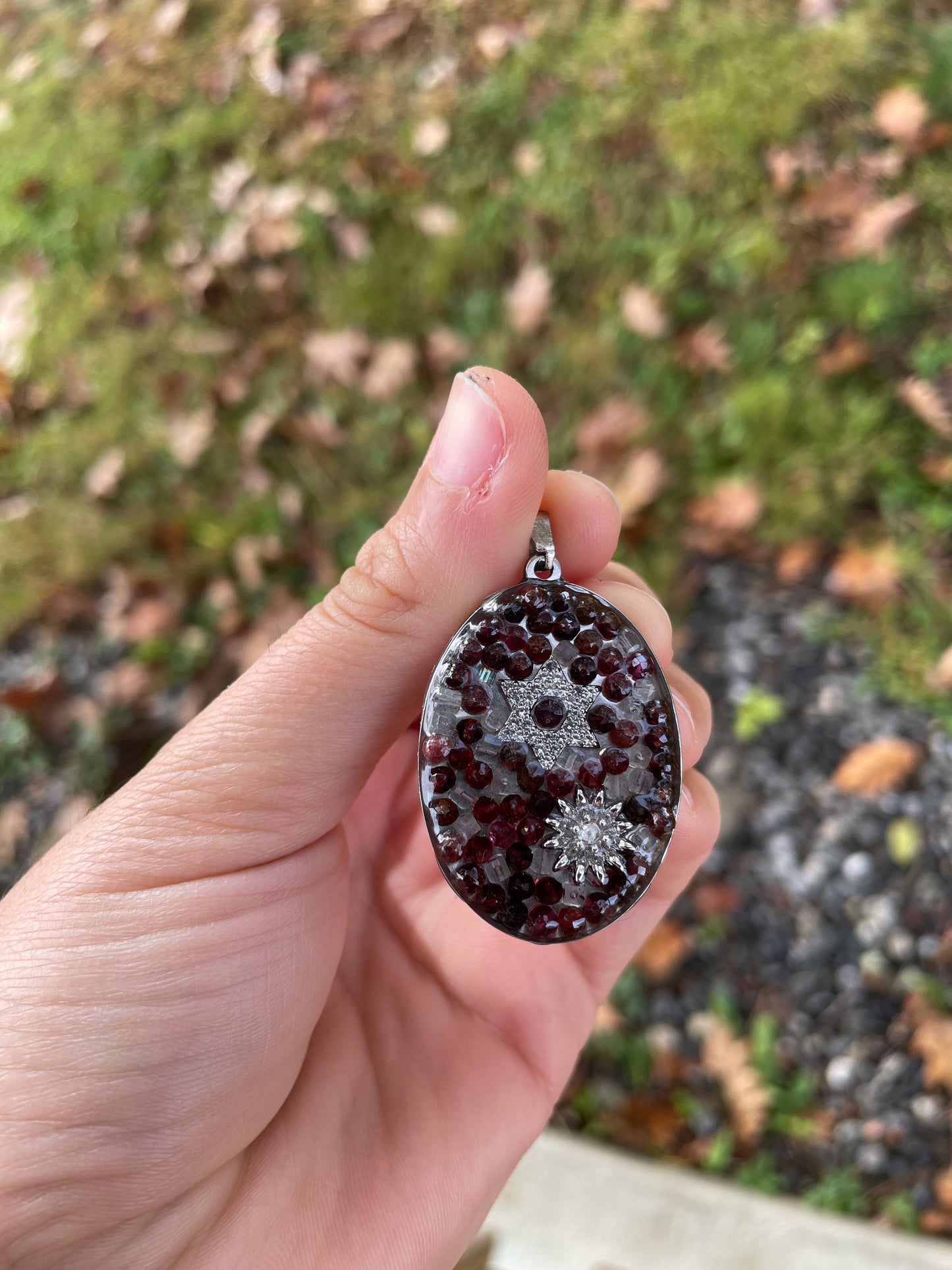 Alona: Garnet Gemstones and Labradorite Oval Zirconia Magen David and Flower Pendant