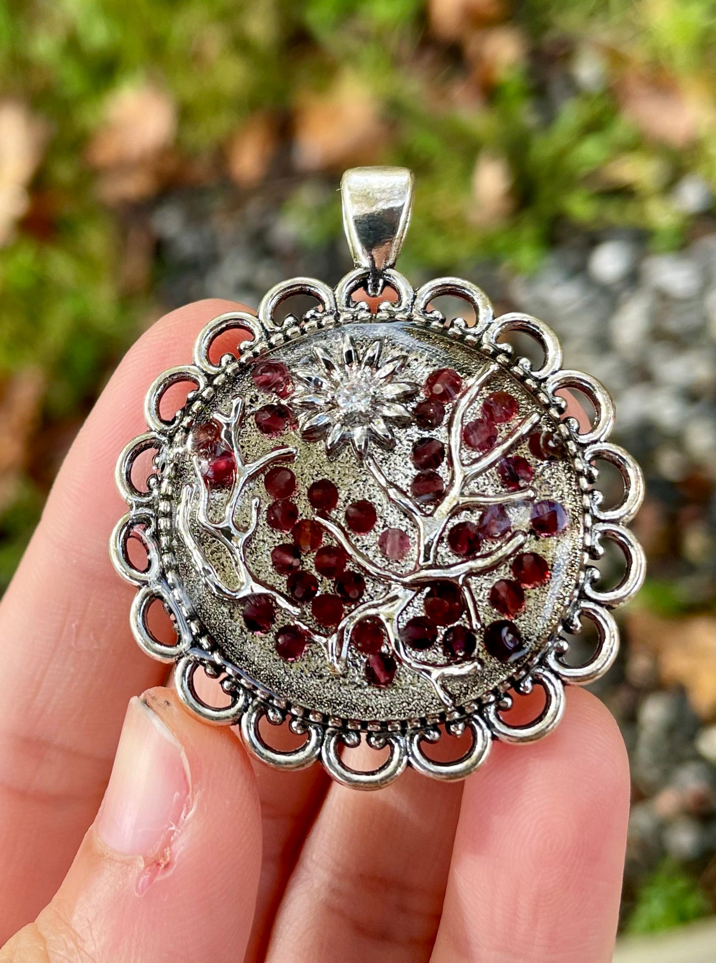 Garnet Gemstones Silver Branches and Silver Flower Resin Pendant