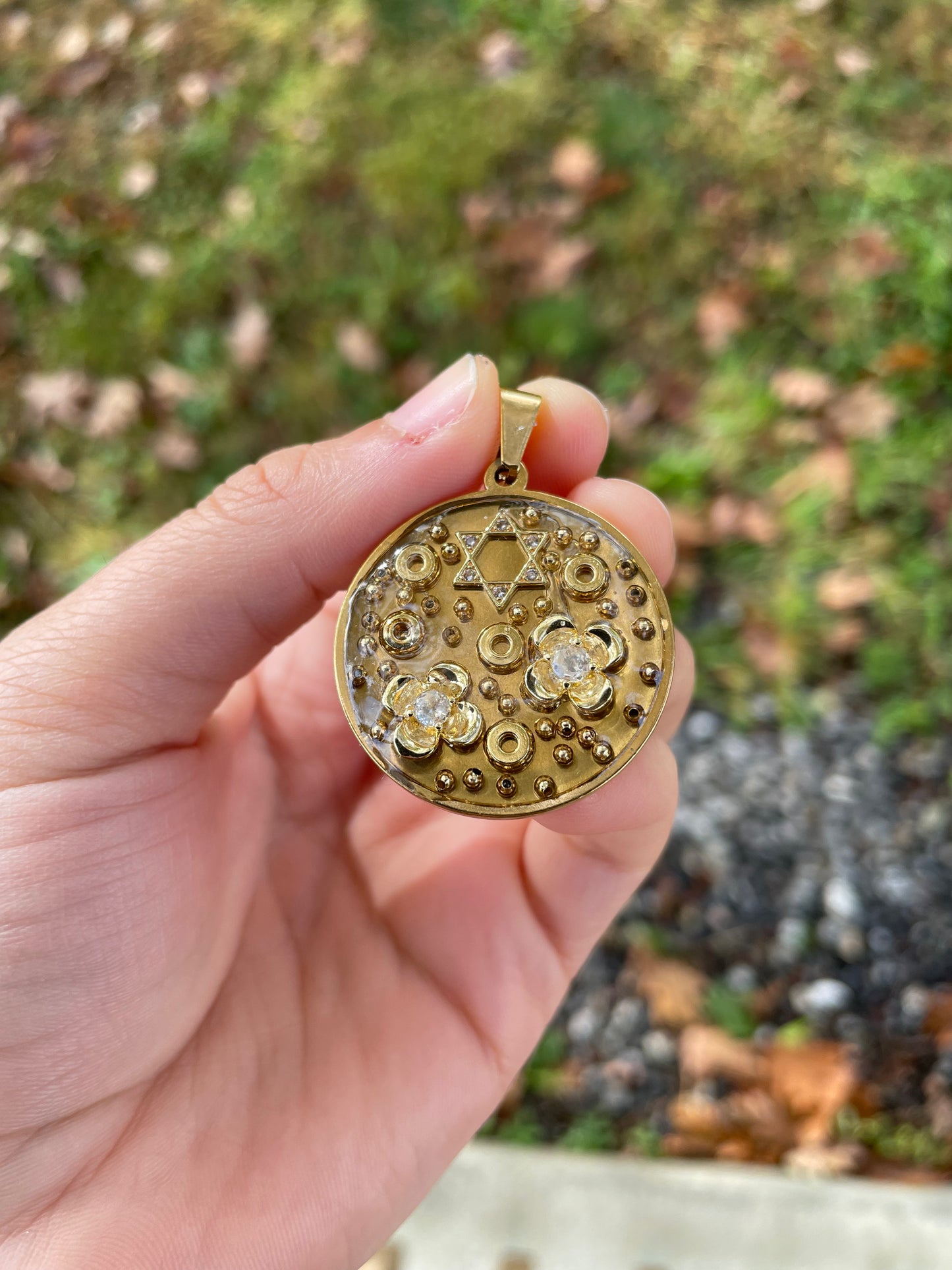 Round Gold In Bloom Magen David Pendant with Golden Beads and Flower Charms