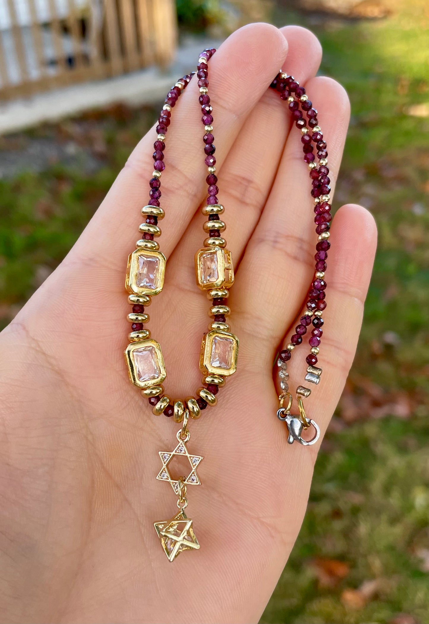 Garnet Gemstones, Gold Plated Beads, Magen David and Merkava Necklace