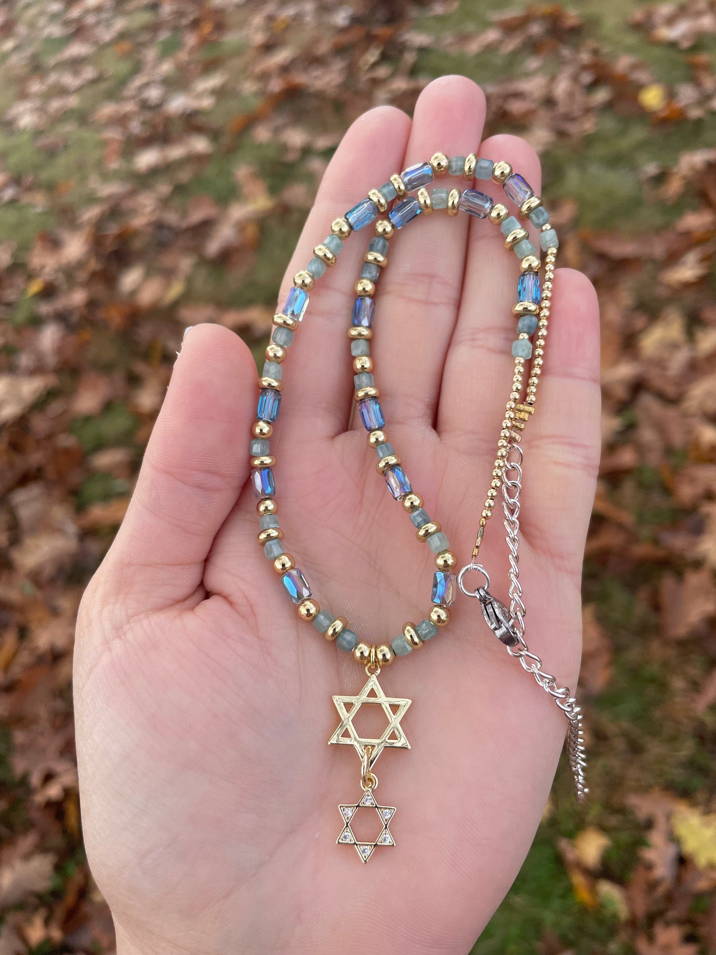 Gold Plated Double Magen David Kyanite Gemstones and Blue Glass Beaded Necklace
