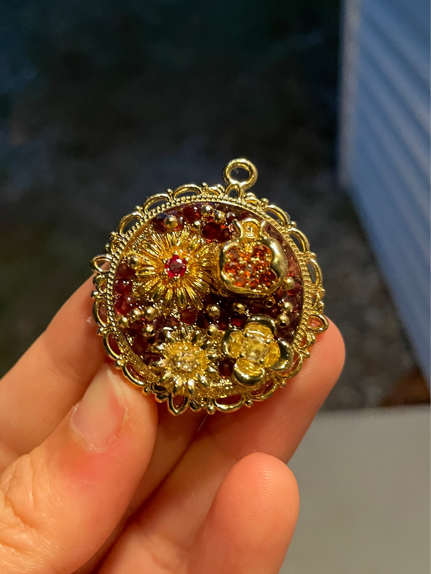 Pomegranate and Pink Flower Garnet Gemstones Gold Plated Pendant 1