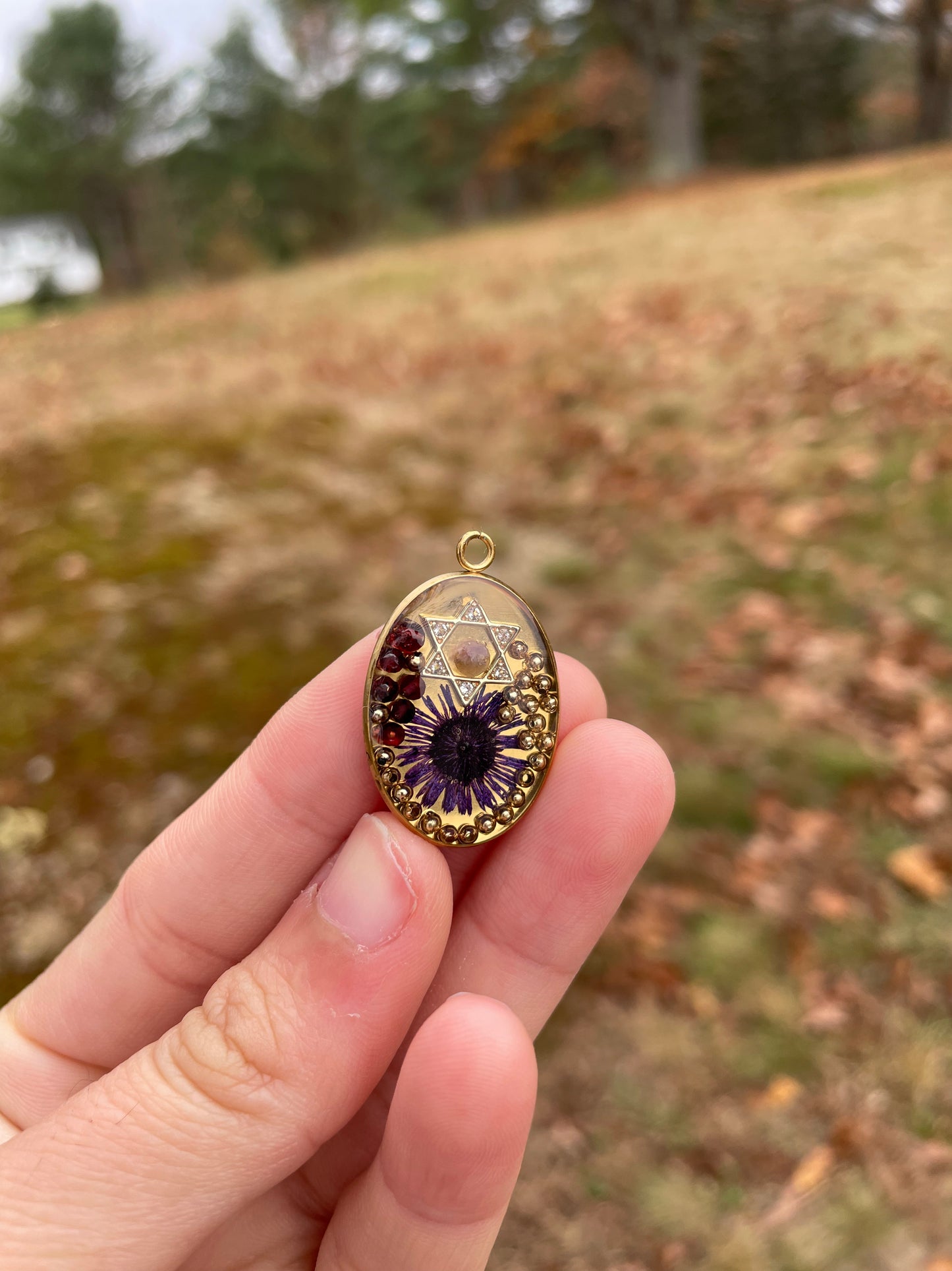 Gold Plated, Purple Flower and Garnets Magen David Pendant