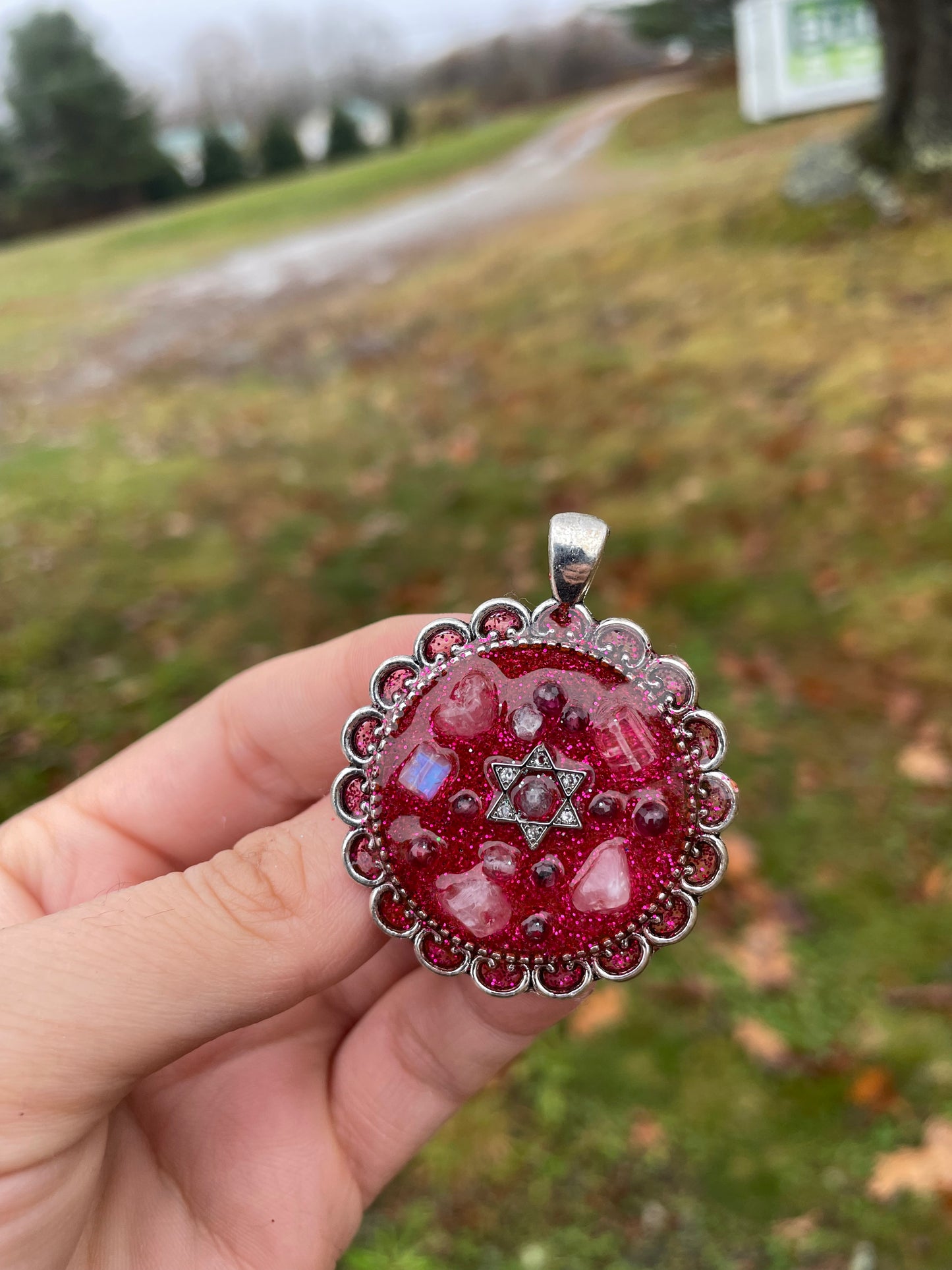 Hot Pink 3 Gemstones Magen David Pendant with Moonstone, Rose Quartz and Garnets