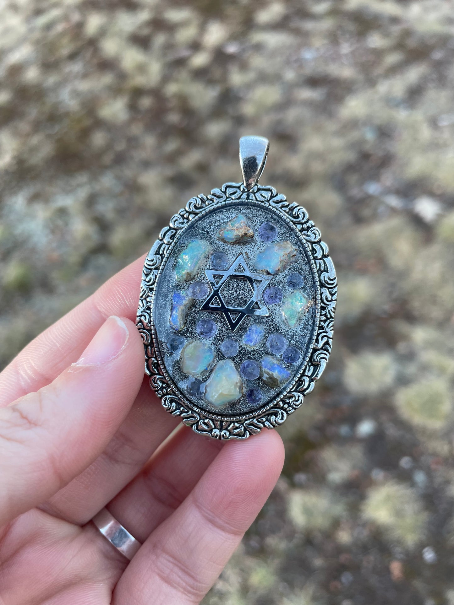 Little Islands: White Opal & Purple Tanzanite Silver toned Magen David Pendant