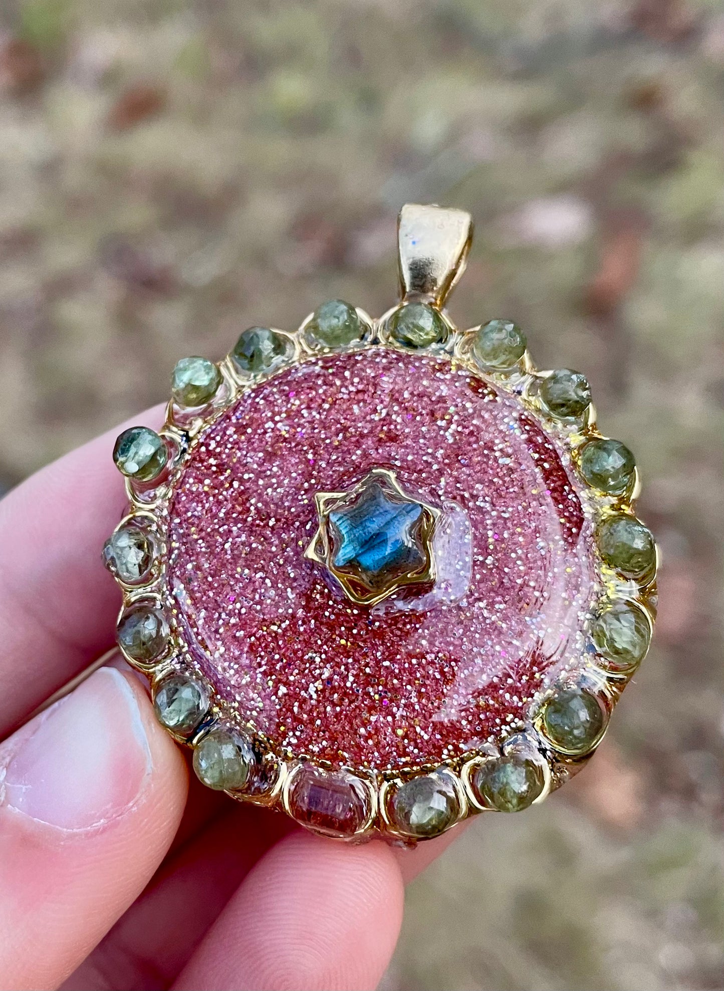 Harmonia: Pink Tourmaline, Blue Kyanite & Labradorite Magen David, Shimmering Pink Pendant in Gold Plating