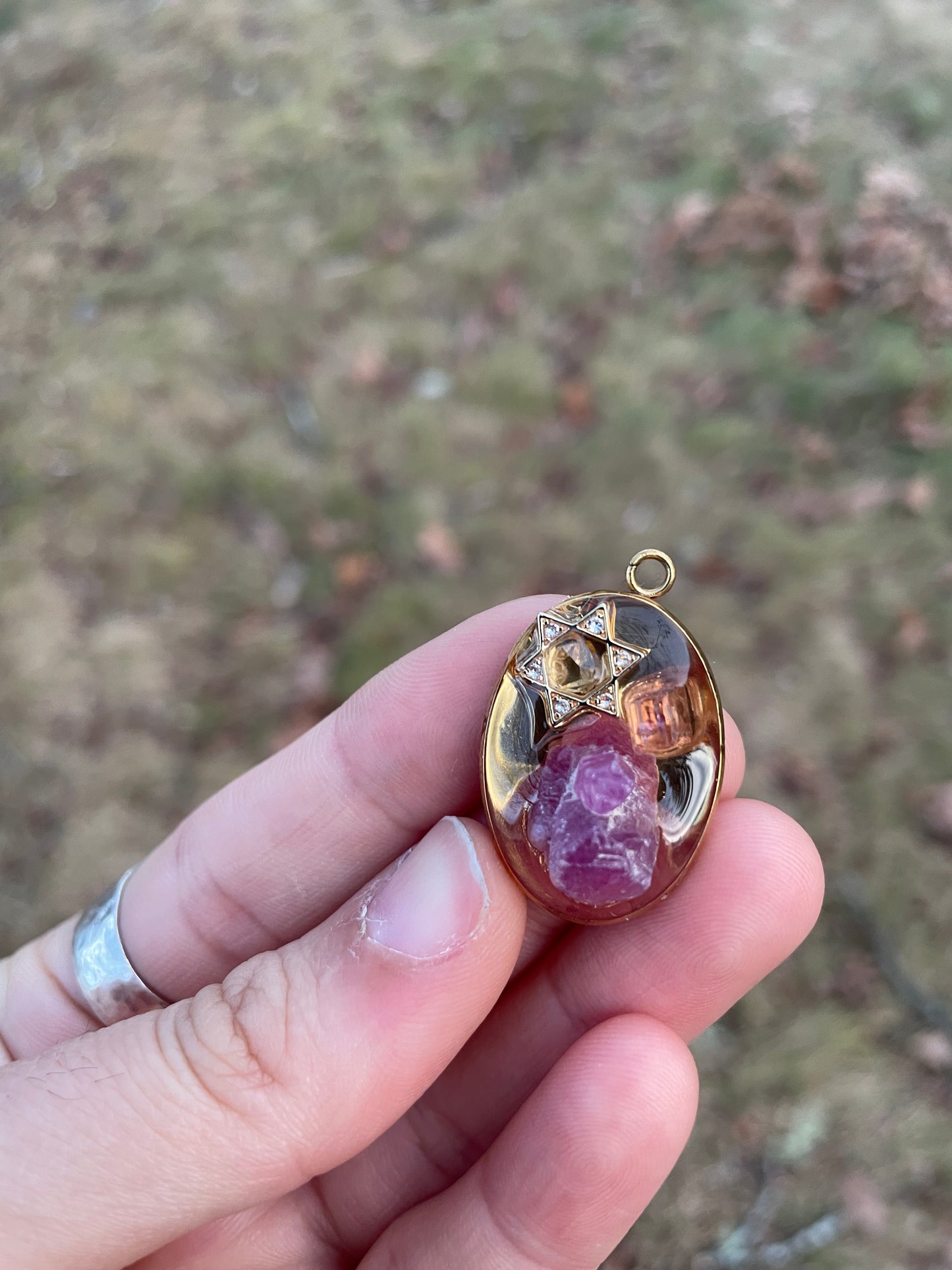 Ruby & Pink Tourmaline Gemstones and Magen David Pendant in Gold plating