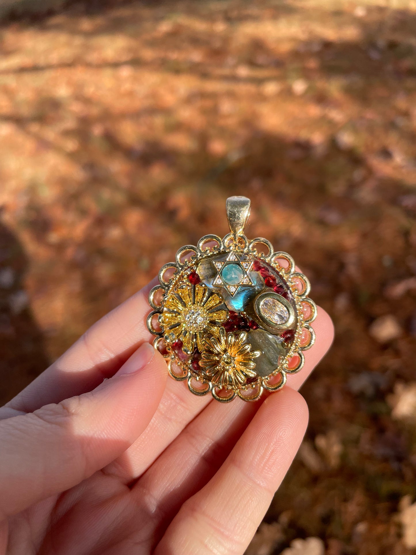 Sunflowers, Magen David, Garnet and Labradorite Gemstones Gold plated
