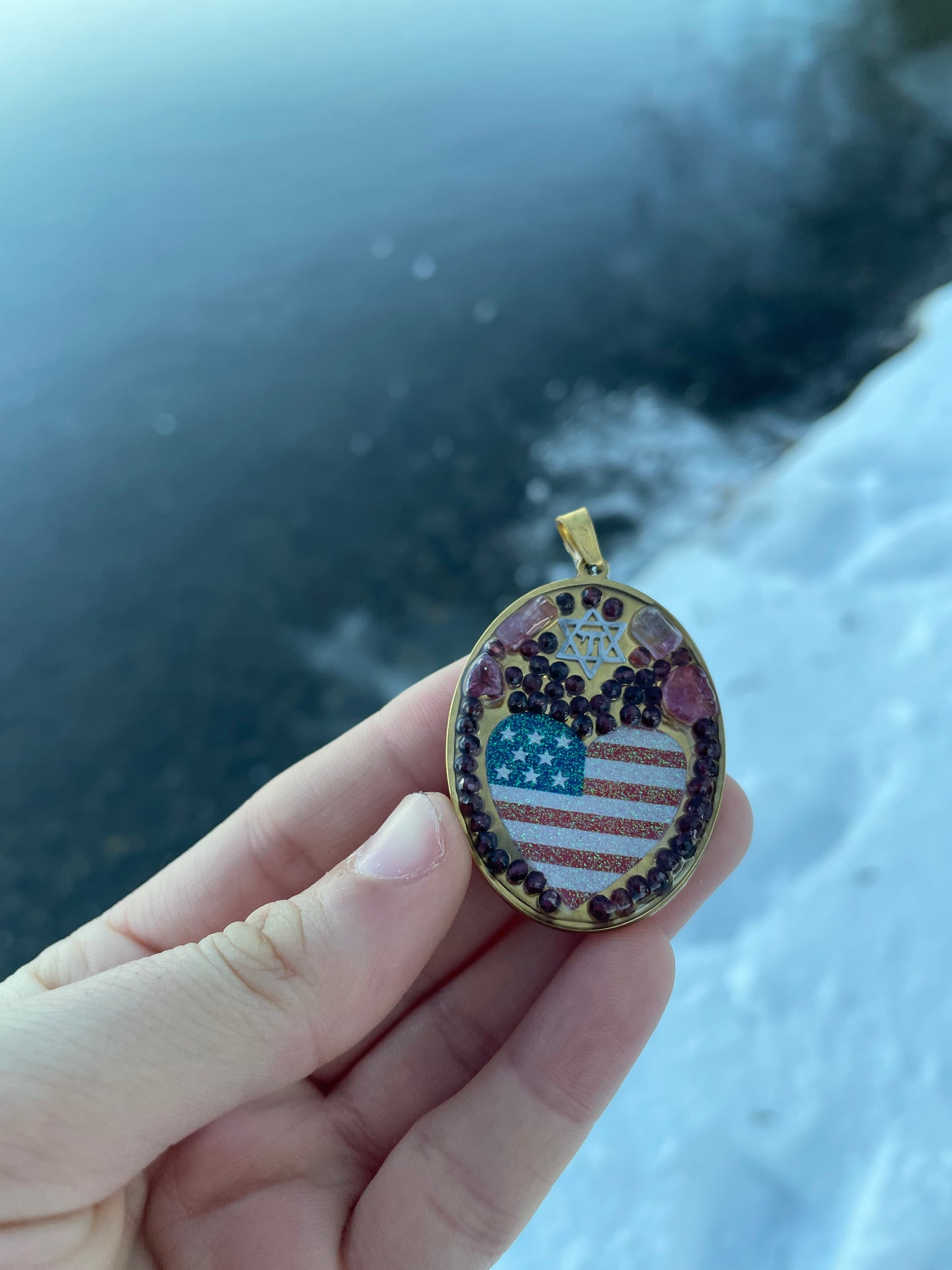 The American Jewish Love pendant with Pink Tourmaline and Garnet