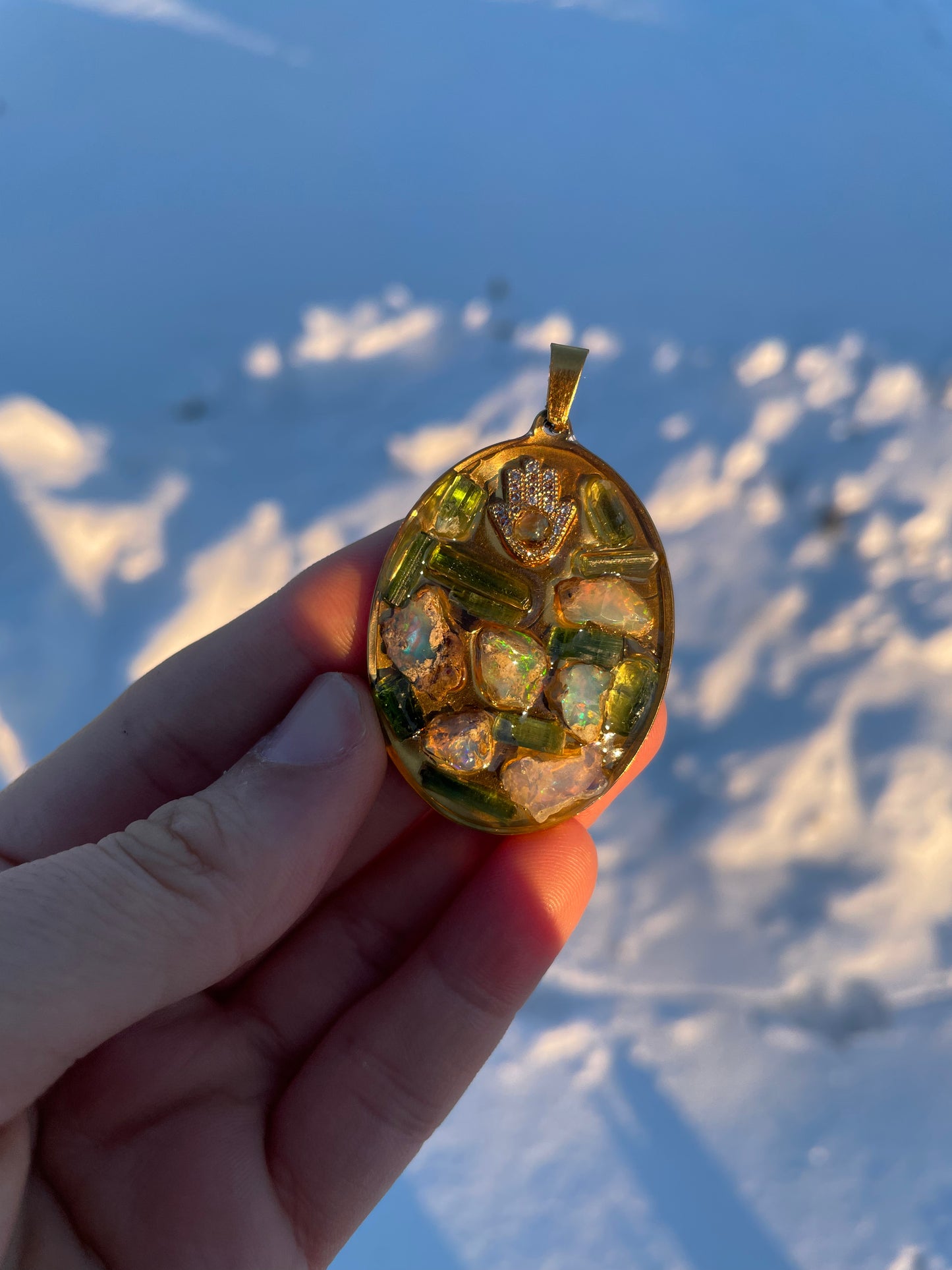 Hamsa, Opal, Green Tourmaline Pendant with Zirconia and Raw Gemstones