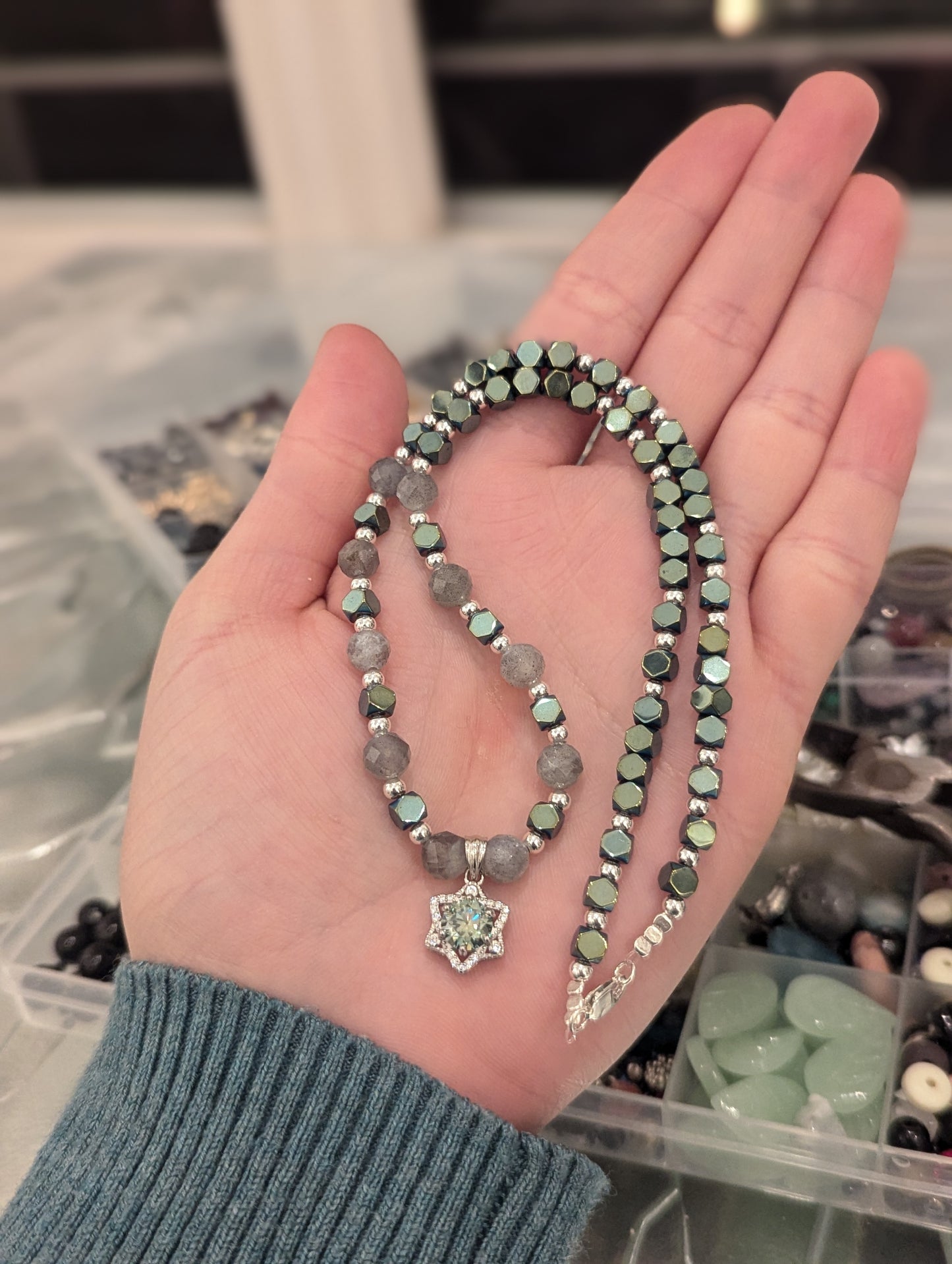Green Moissanite Magen David with Labradorite Gemstones and Sterling Silver