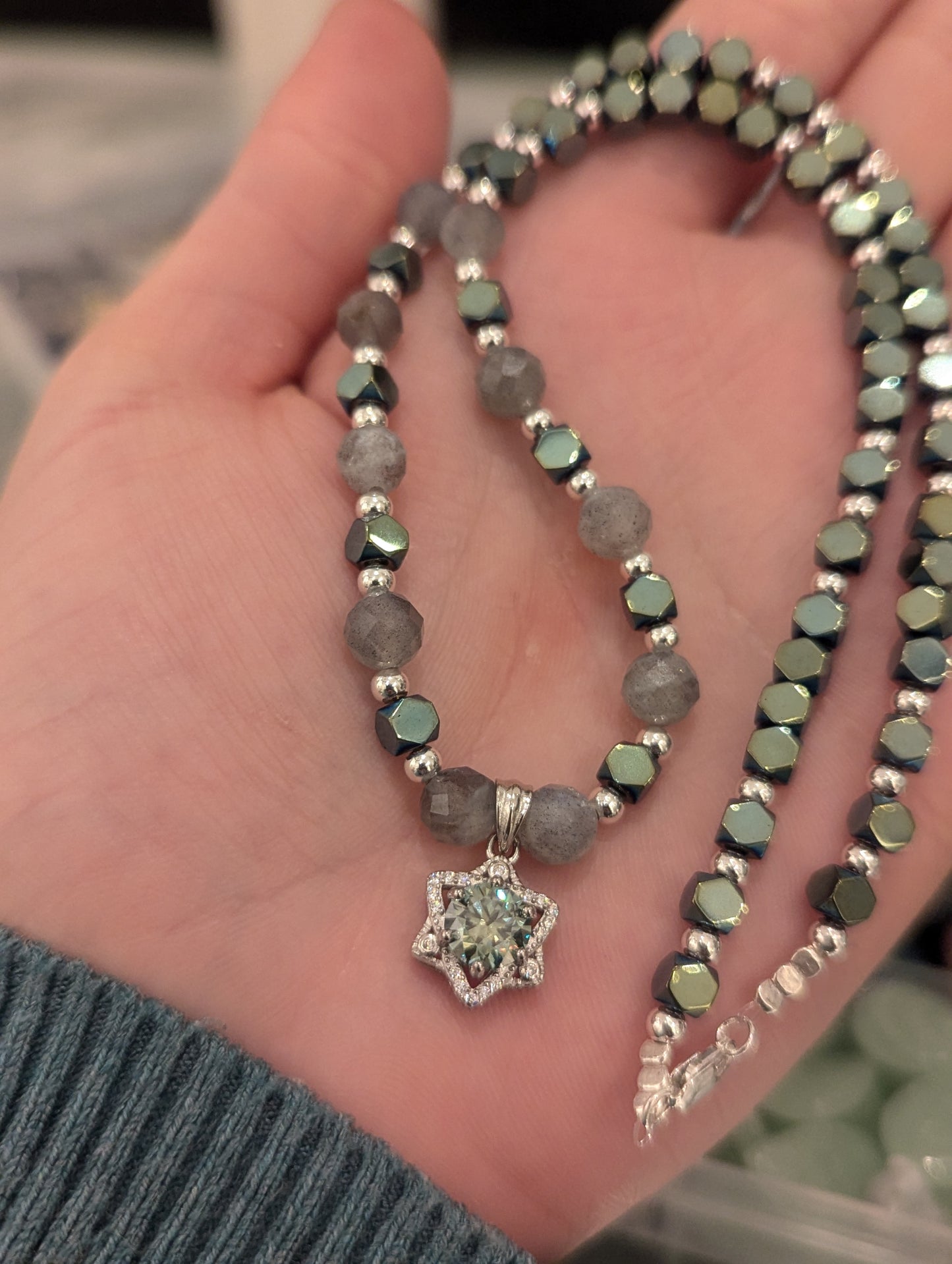 Green Moissanite Magen David with Labradorite Gemstones and Sterling Silver