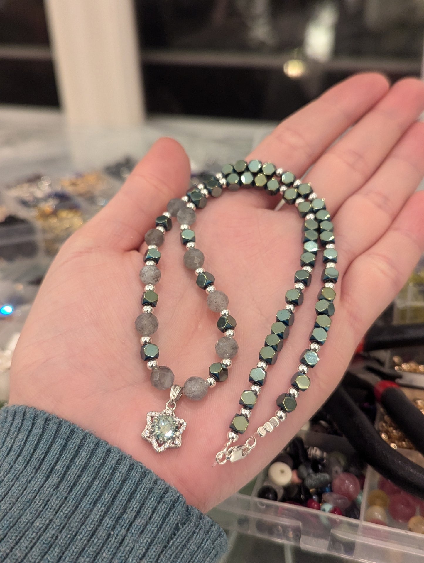 Green Moissanite Magen David with Labradorite Gemstones and Sterling Silver