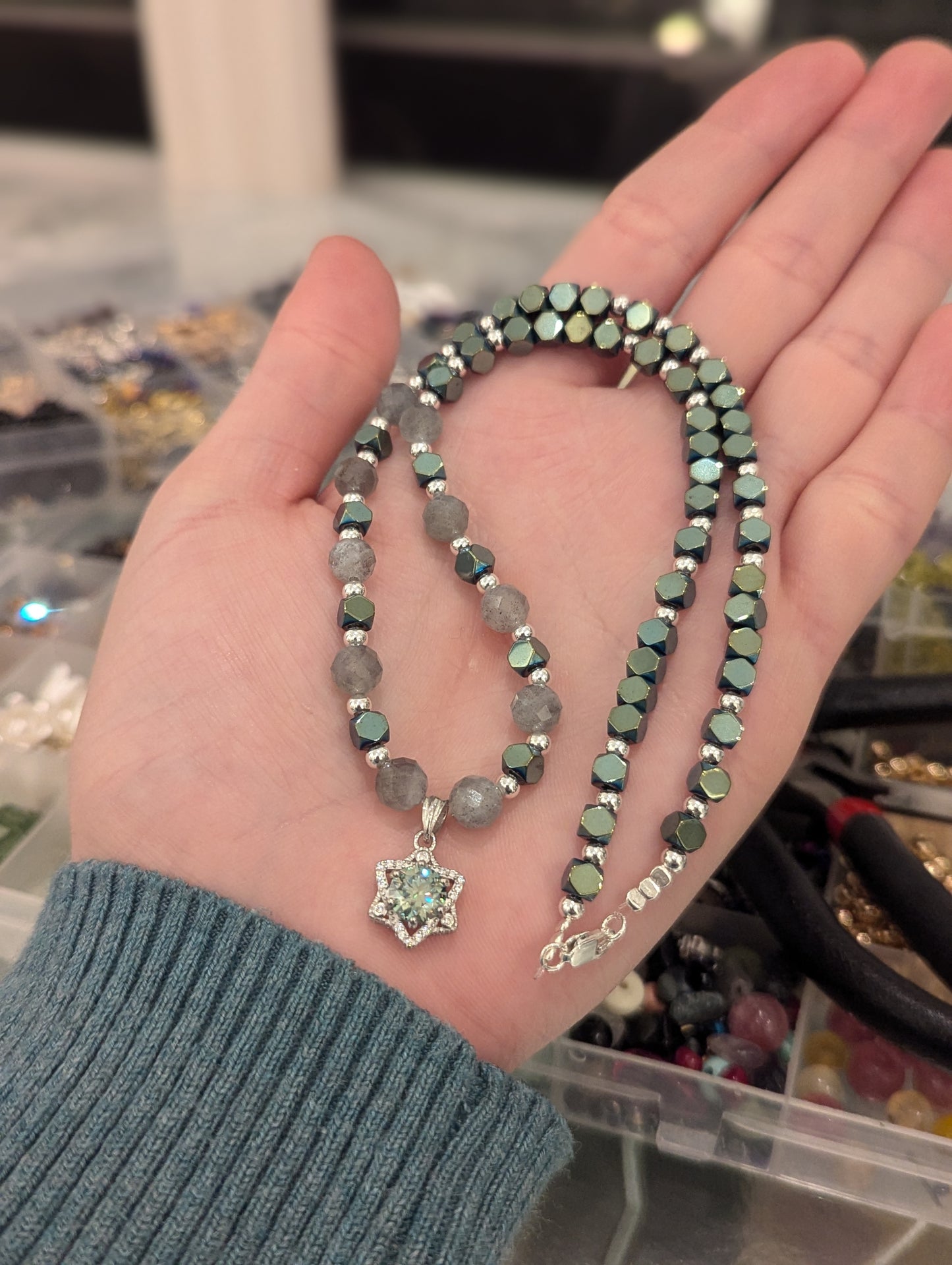 Green Moissanite Magen David with Labradorite Gemstones and Sterling Silver
