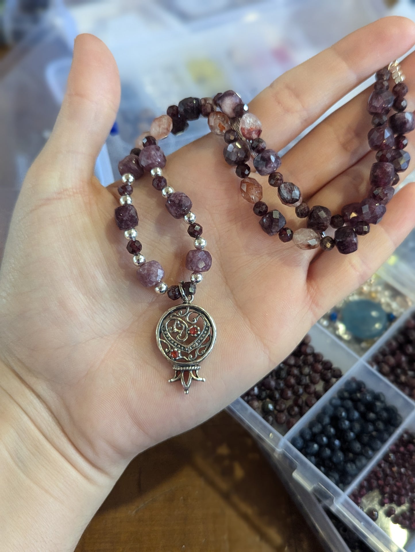 Pomegranate Garnet Cubes Sterling Silver Necklace