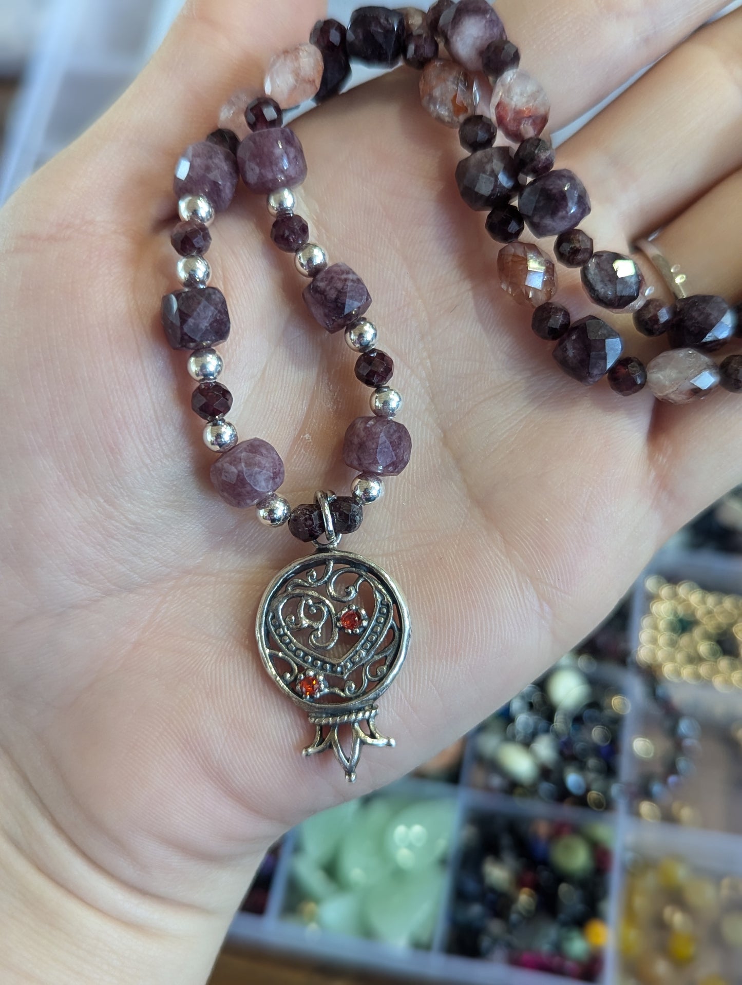 Pomegranate Garnet Cubes Sterling Silver Necklace