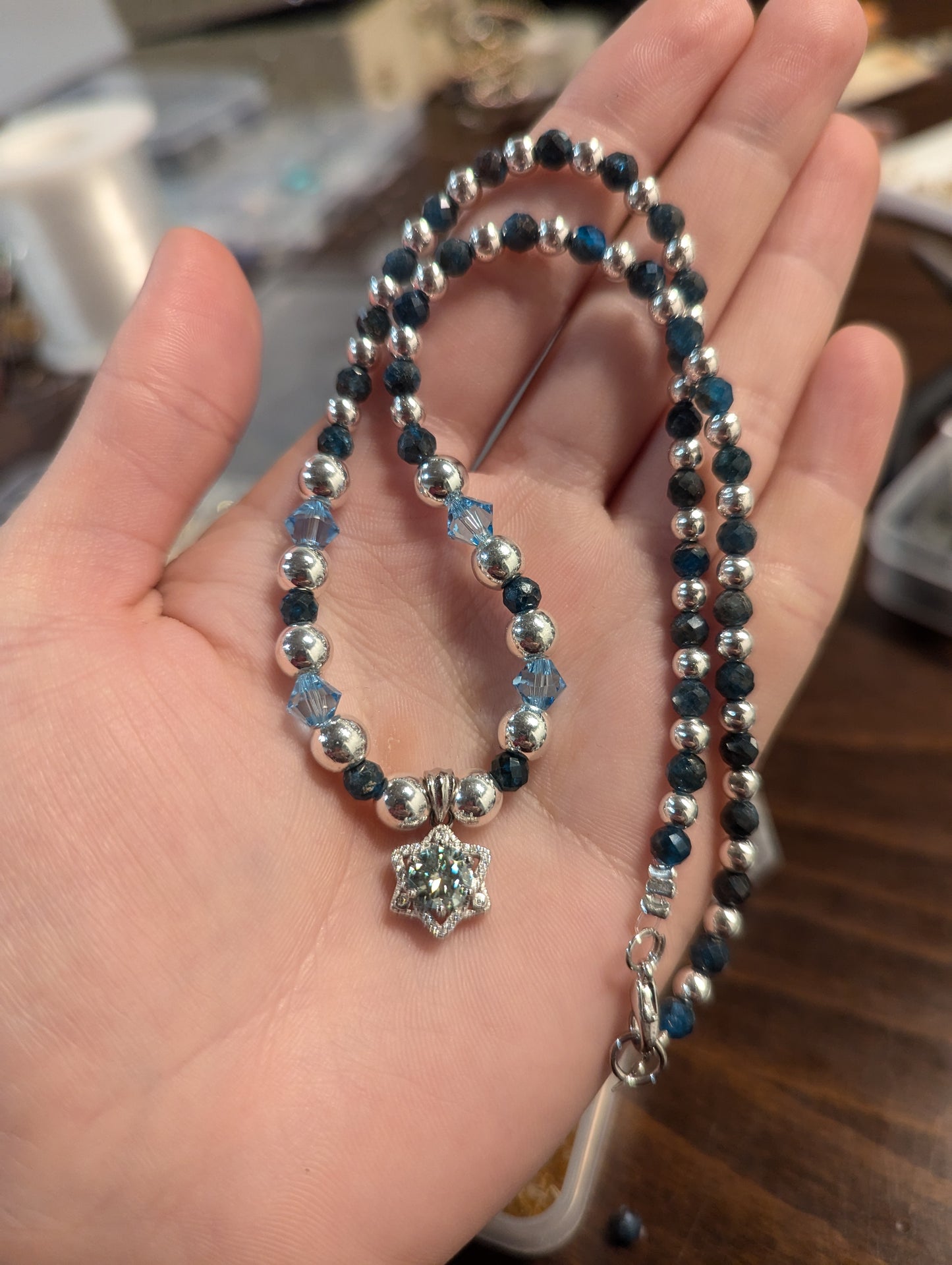 Light Blue Moissanite and Apatite Gemstones Star of David Necklace