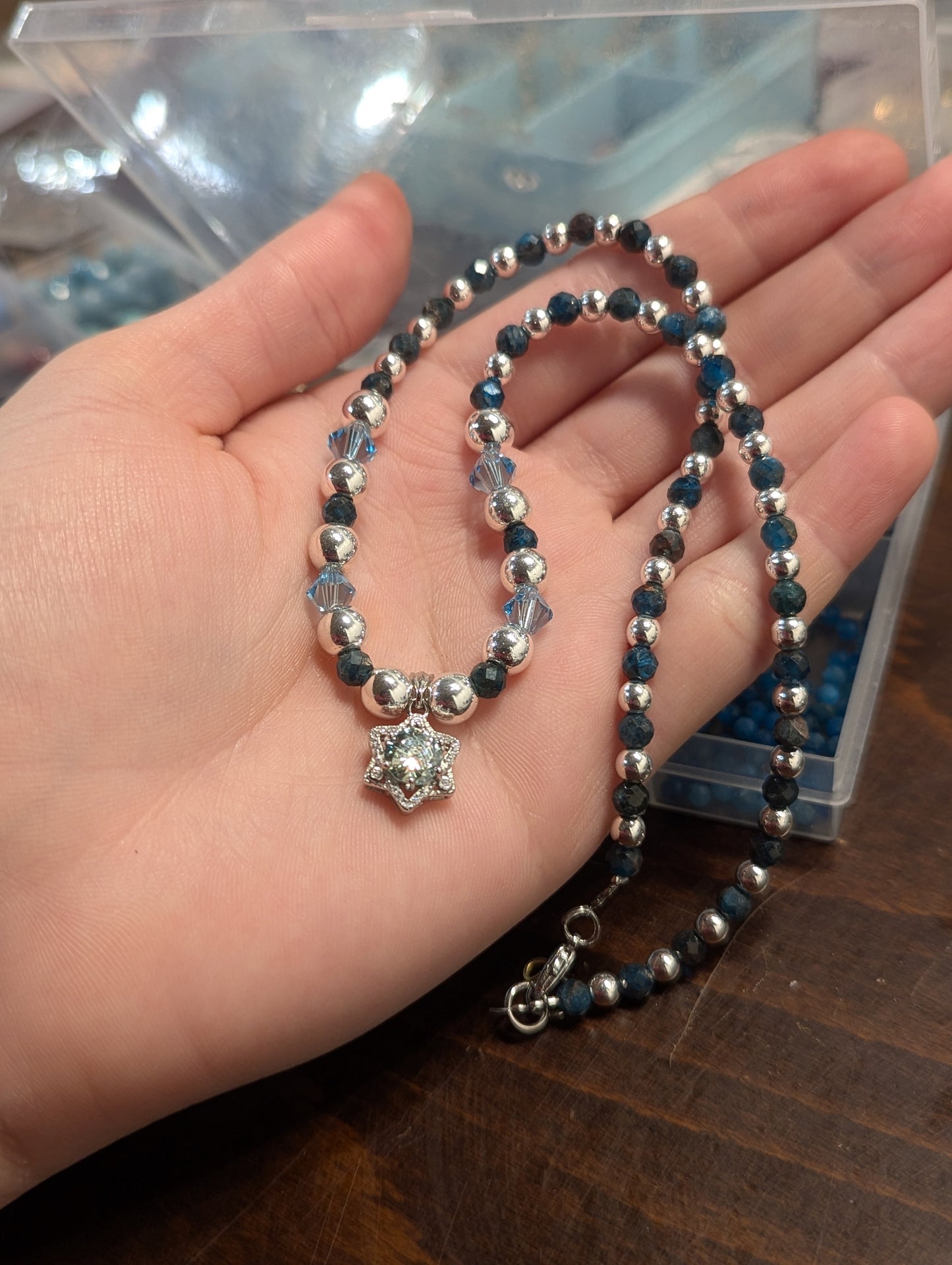 Light Blue Moissanite and Apatite Gemstones Star of David Necklace