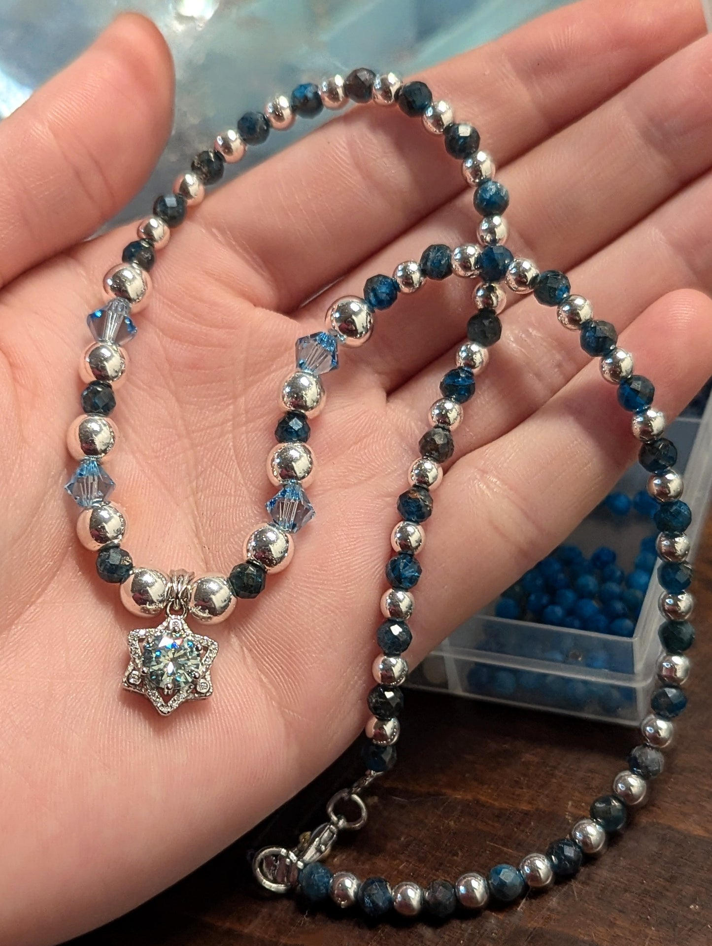 Light Blue Moissanite and Apatite Gemstones Star of David Necklace