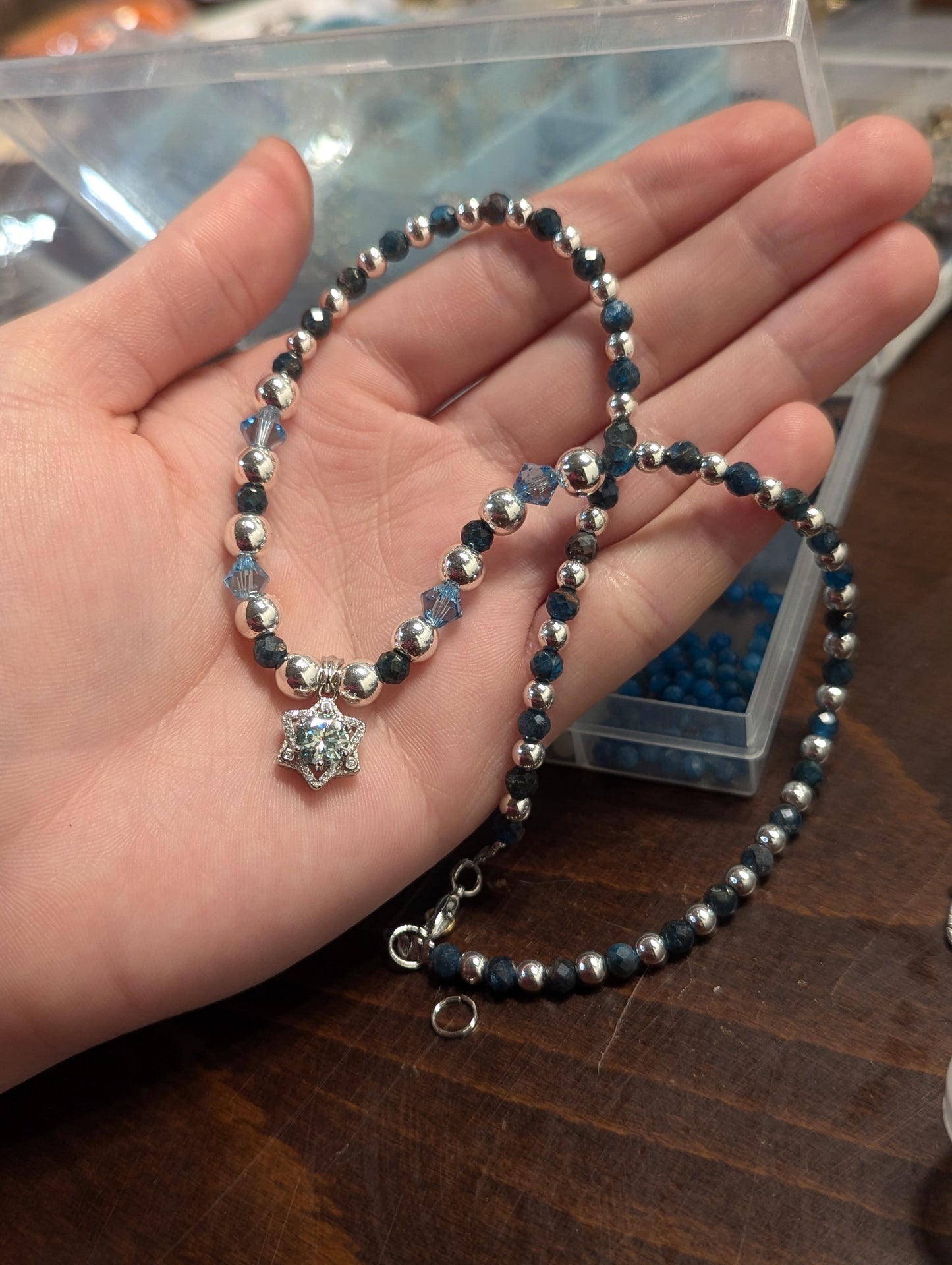Light Blue Moissanite and Apatite Gemstones Star of David Necklace