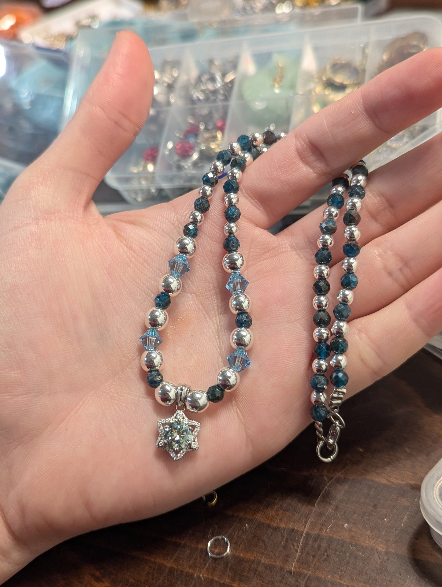 Light Blue Moissanite and Apatite Gemstones Star of David Necklace