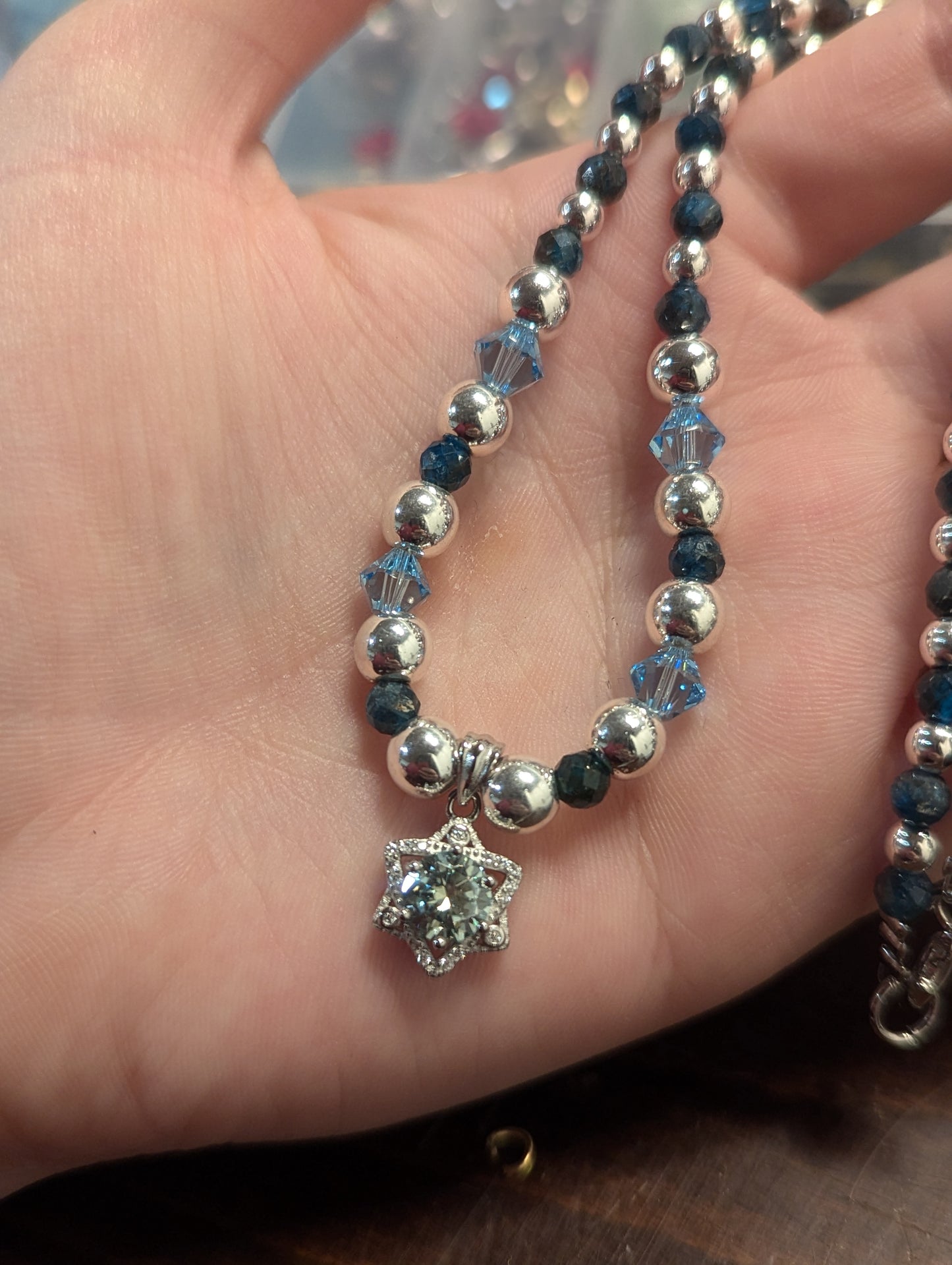 Light Blue Moissanite and Apatite Gemstones Star of David Necklace