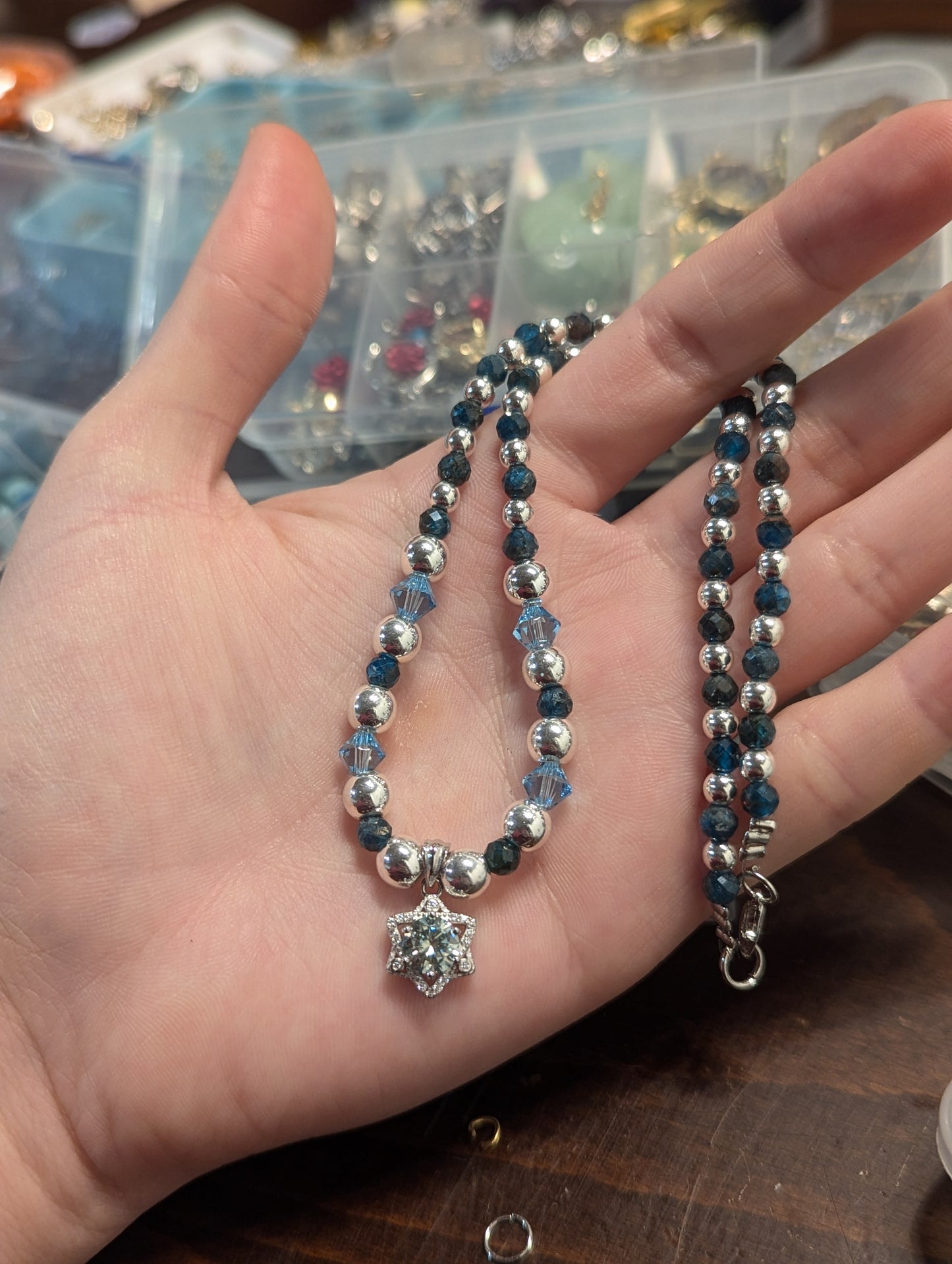 Light Blue Moissanite and Apatite Gemstones Star of David Necklace