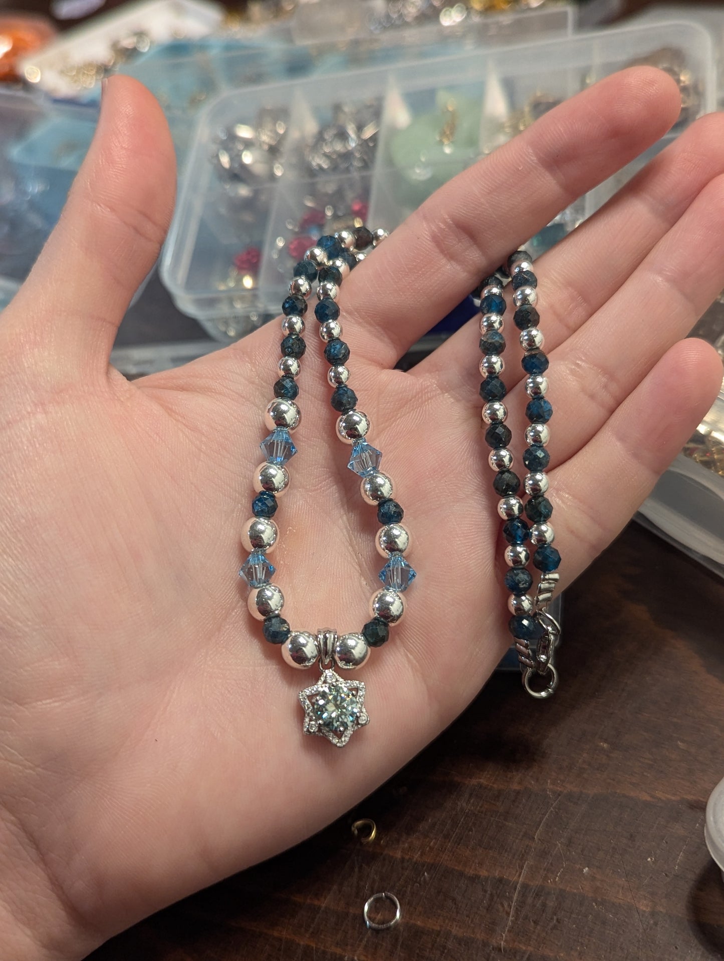Light Blue Moissanite and Apatite Gemstones Star of David Necklace