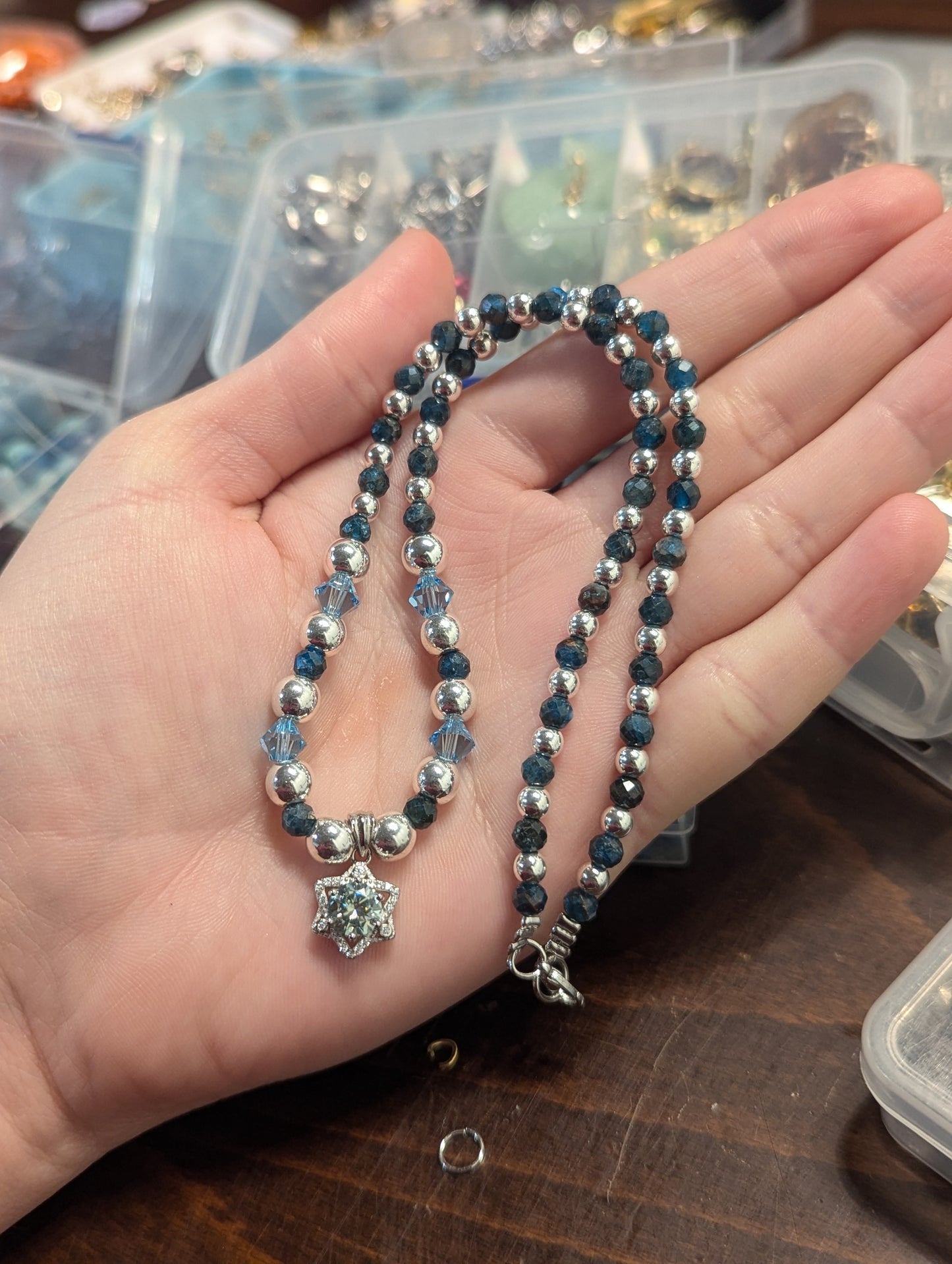 Light Blue Moissanite and Apatite Gemstones Star of David Necklace